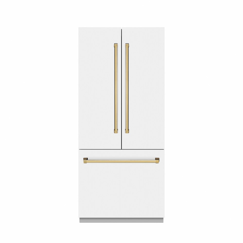 ZLINE Autograph Edition 36 Inch 19.6 Cu Ft French Door Built-In Bottom Freezer Refrigerator with Water Dispenser & Ice Maker - White Matte Exterior, Graphite Gray Interior, Polished Gold Accents (GRBIVZ WM 36 G) - Perfect for Modern Kitchens & Luxury Homes