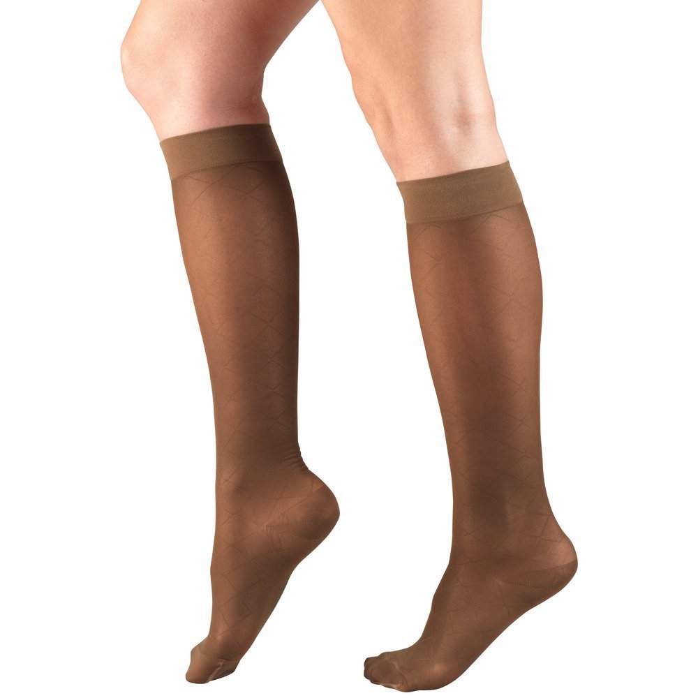 Truform Sheer Compression Stockings 15-20 mmHg for Women - Knee High Support Socks with Diamond Pattern in Espresso (Large) - Perfect for Travel, Work & Varicose Vein Relief
