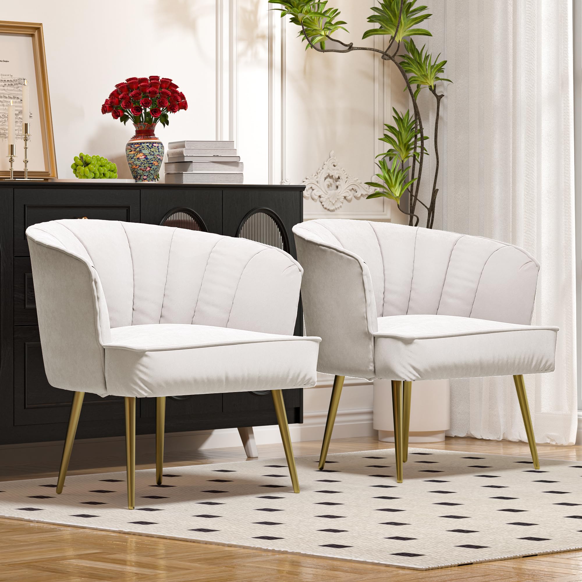 Modern Velvet Lounge Chair with Golden Metal Legs - Stylish Side Chair for Living Room, Bedroom, Home Office & Dressing Room - White Velvet Accent Chair - Perfect for Relaxing, Reading & Home Decor