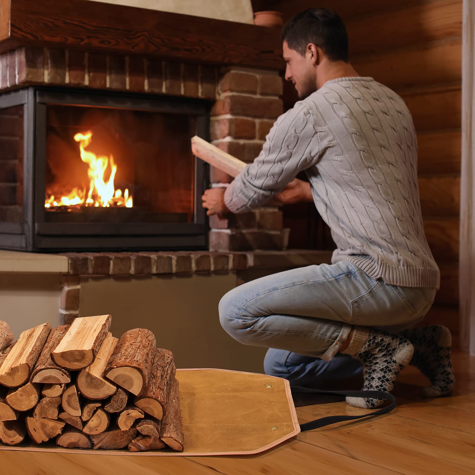 Heavy Duty Waxed Canvas Firewood Carrier Tote Bag - 39 x 18 Inches Large Log Holder with Handles for Fireplace, Camping & Outdoor Use - Bear Design