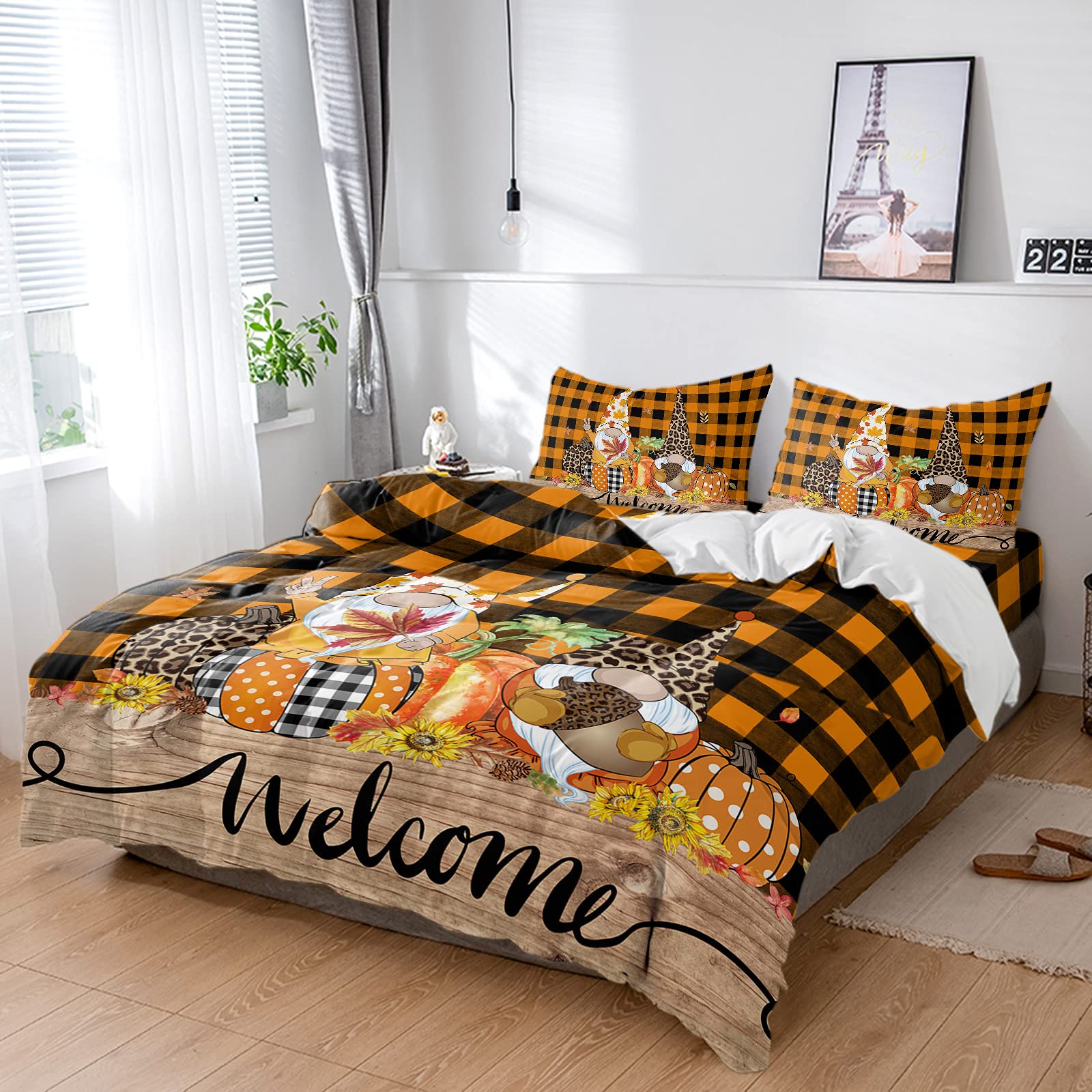 **Yun Nist Twin 4-Piece Duvet Cover Set – Fall Gnome Pumpkin Sunflower Check Leopard Print Bedspread Quilt Cover with 2 Pillow Shams – Farmhouse Wood Grain Microfiber Bedding Set for All Seasons – Cozy Autumn Bedroom Decor**    *(Perfect for Farmhouse, Rustic, or Fall-Themed Bedrooms – Soft & Durable Microfiber for Year-Round Comfort)*