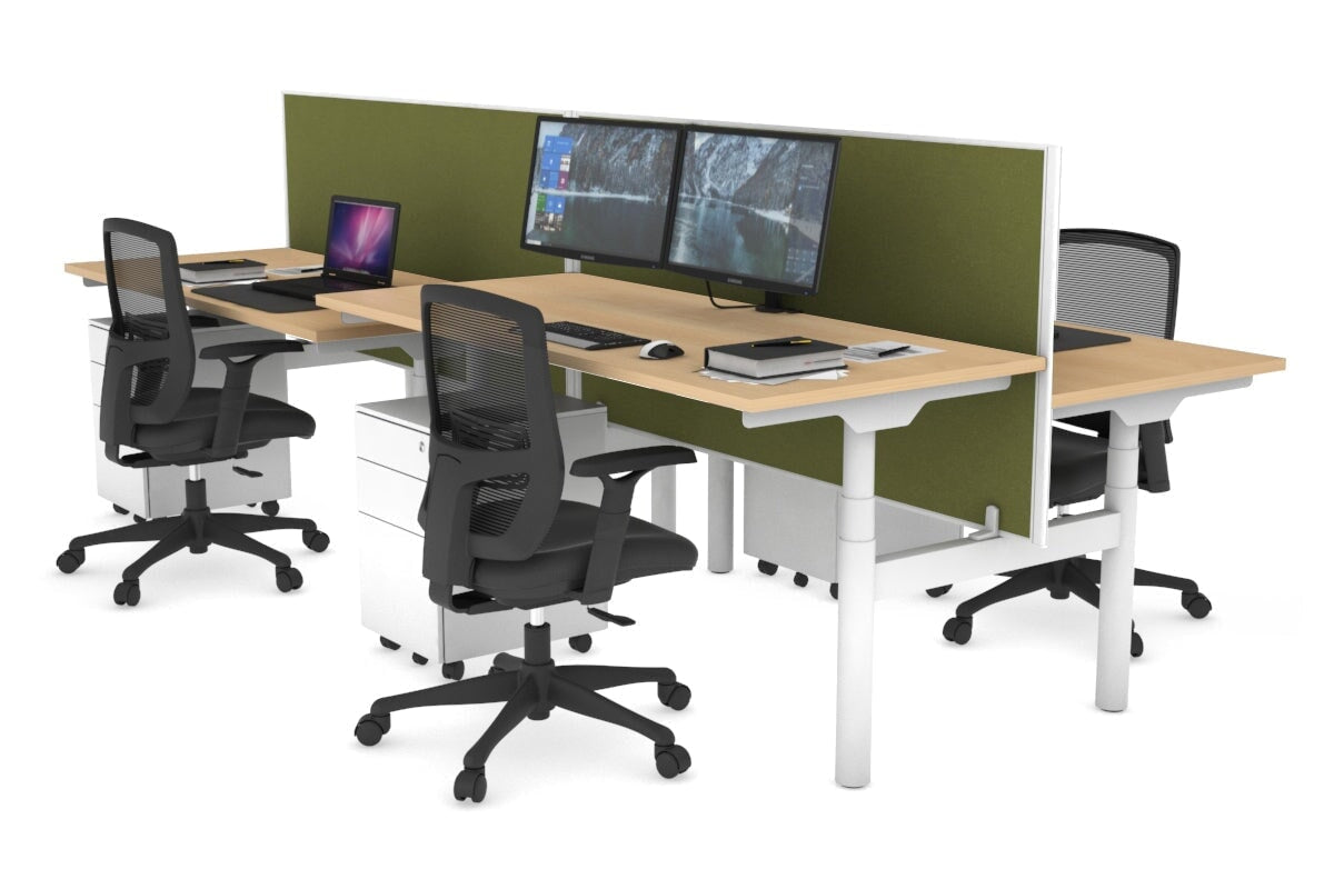 Flexi Premium Height Adjustable 4-Person H Bench Workstation - White Frame [1400L x 700W] - Ergonomic Office Desk for Collaborative Workspaces & Coworking Environments