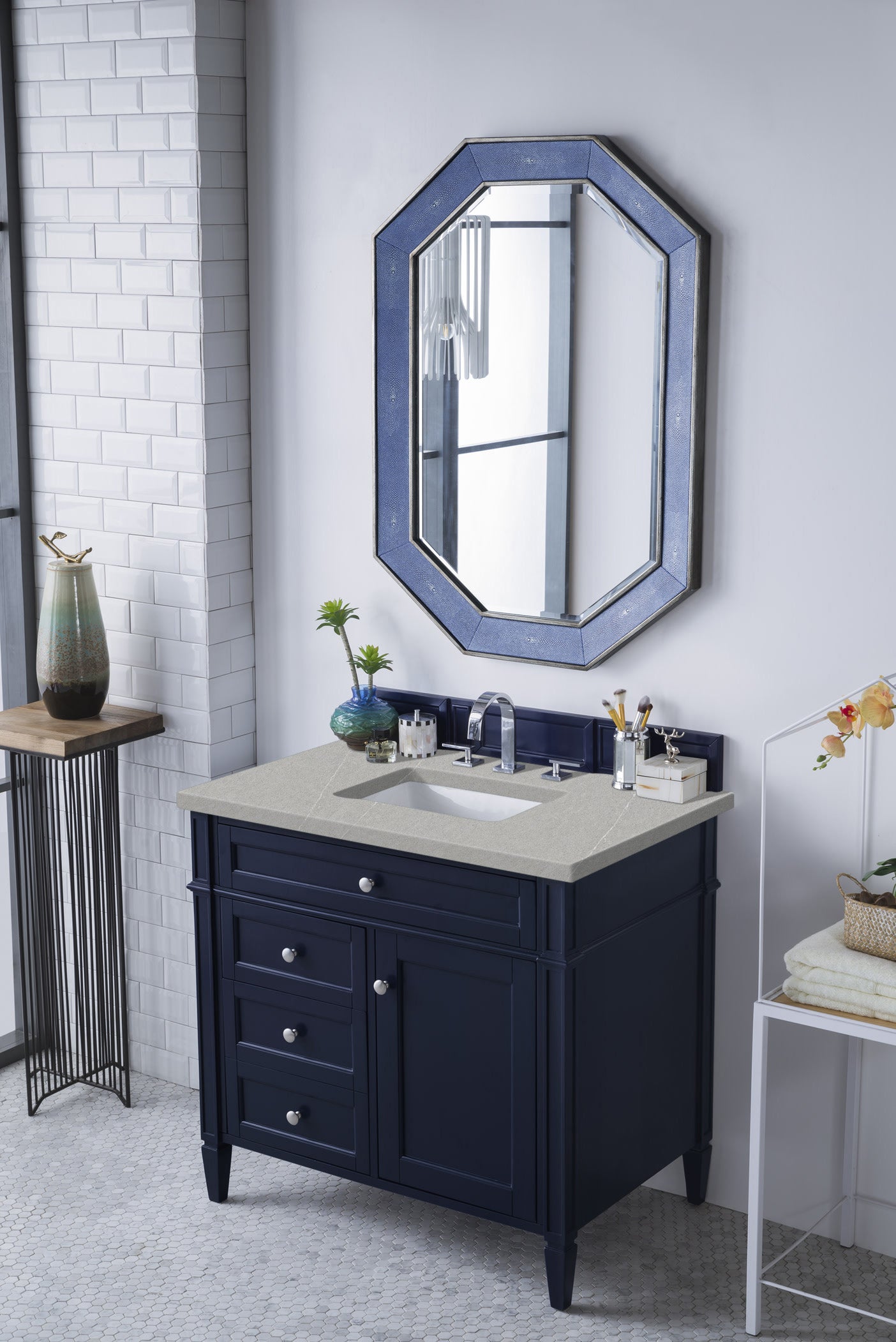 Brittany 36-Inch Single Bathroom Vanity in Victory Blue with 3CM Eternal Serena Quartz Top - Perfect for Modern Master Bathrooms & Powder Rooms