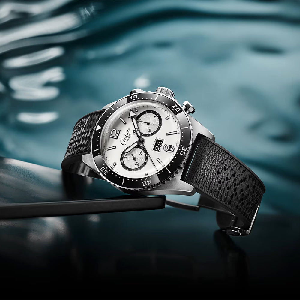 SeaQ Chronograph Stainless Steel Watch - 43.2mm Silver Dial with Black Rubber Strap - Luxury Dive Watch for Men - Perfect for Water Sports & Formal Occasions