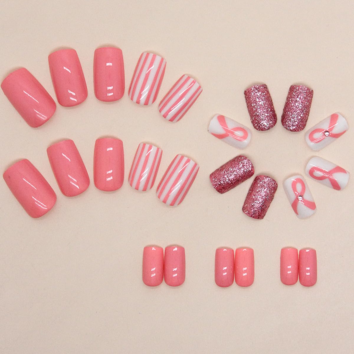 24Pcs Short Square Press on Fake Nails - Pink Rhinestone & Ribbon Designs for Breast Cancer Awareness - Glossy Acrylic Artificial Nails for Women & Girls - Perfect for Fundraisers, Parties & Everyday Wear