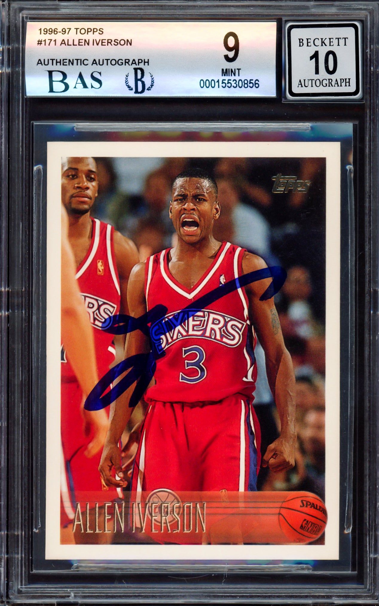 Allen Iverson Autographed 1996-97 Topps Rookie Card #171 Philadelphia 76ers BGS 9 Auto Grade Gem Mint 10 Beckett BAS Stock #214860 - Rare Collectible Basketball Memorabilia for Fans & Investors