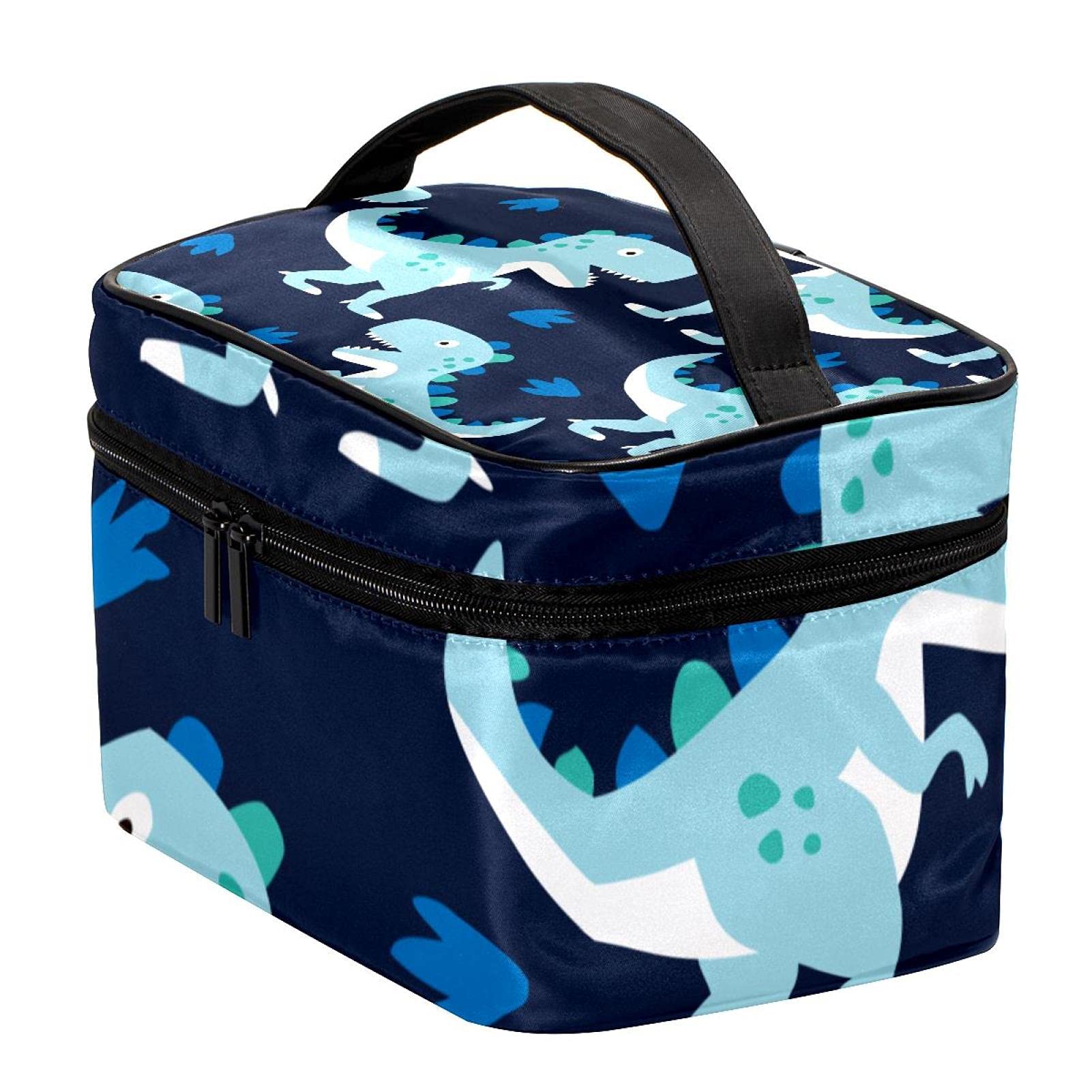Dinosaur Print Navy Blue Travel Makeup Bag - Large Cosmetic Organizer with Zipper for Women & Girls | Perfect for Vacation, Gym & Daily Essentials Storage