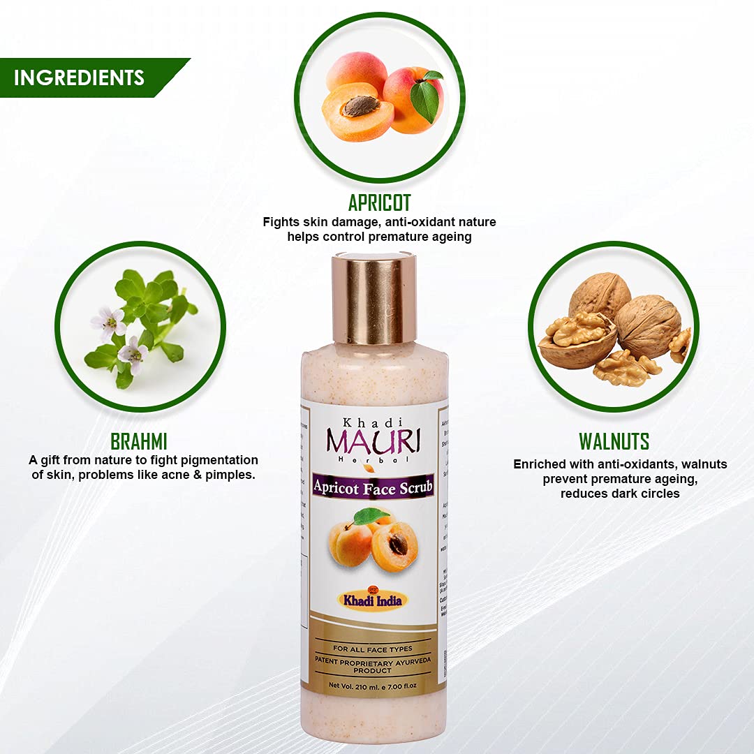 Khadi Mauri Herbal Apricot Face Scrub - Natural Exfoliator for Dead Skin Removal & Skin Revitalization (210ml) | Gentle Cleansing for Glowing Skin - Perfect for Daily Skincare Routine & Spa Treatments