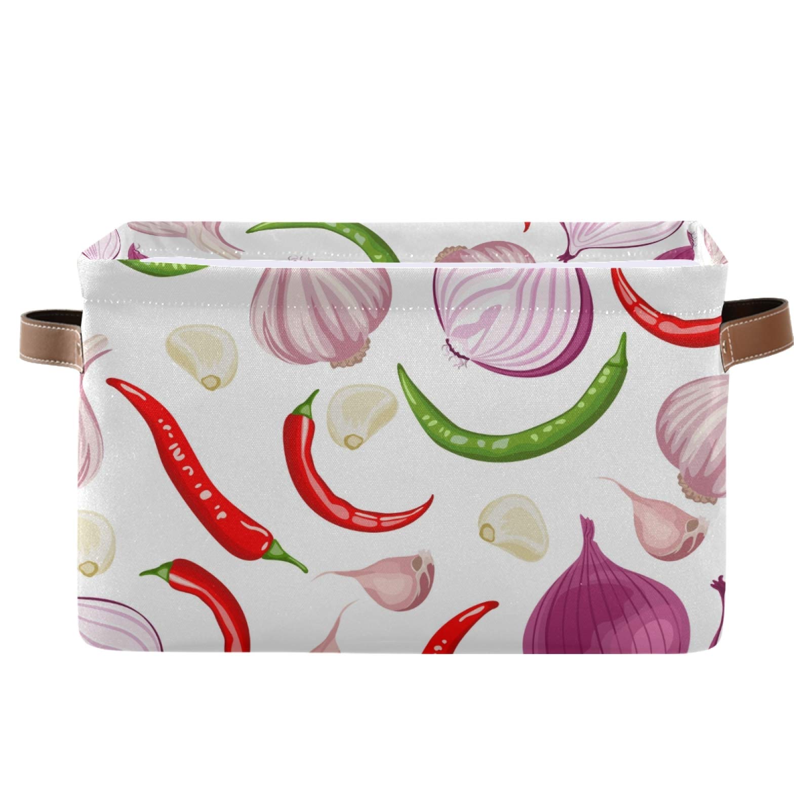 Large Foldable Storage Bins for Onions, Garlic & Peppers - 2 Pack Collapsible Fabric Baskets with PU Handles | Home Organization for Shelves, Closet, Bedroom & Living Room | Perfect for Kitchen Pantry, Grocery Storage & Farmhouse Decor