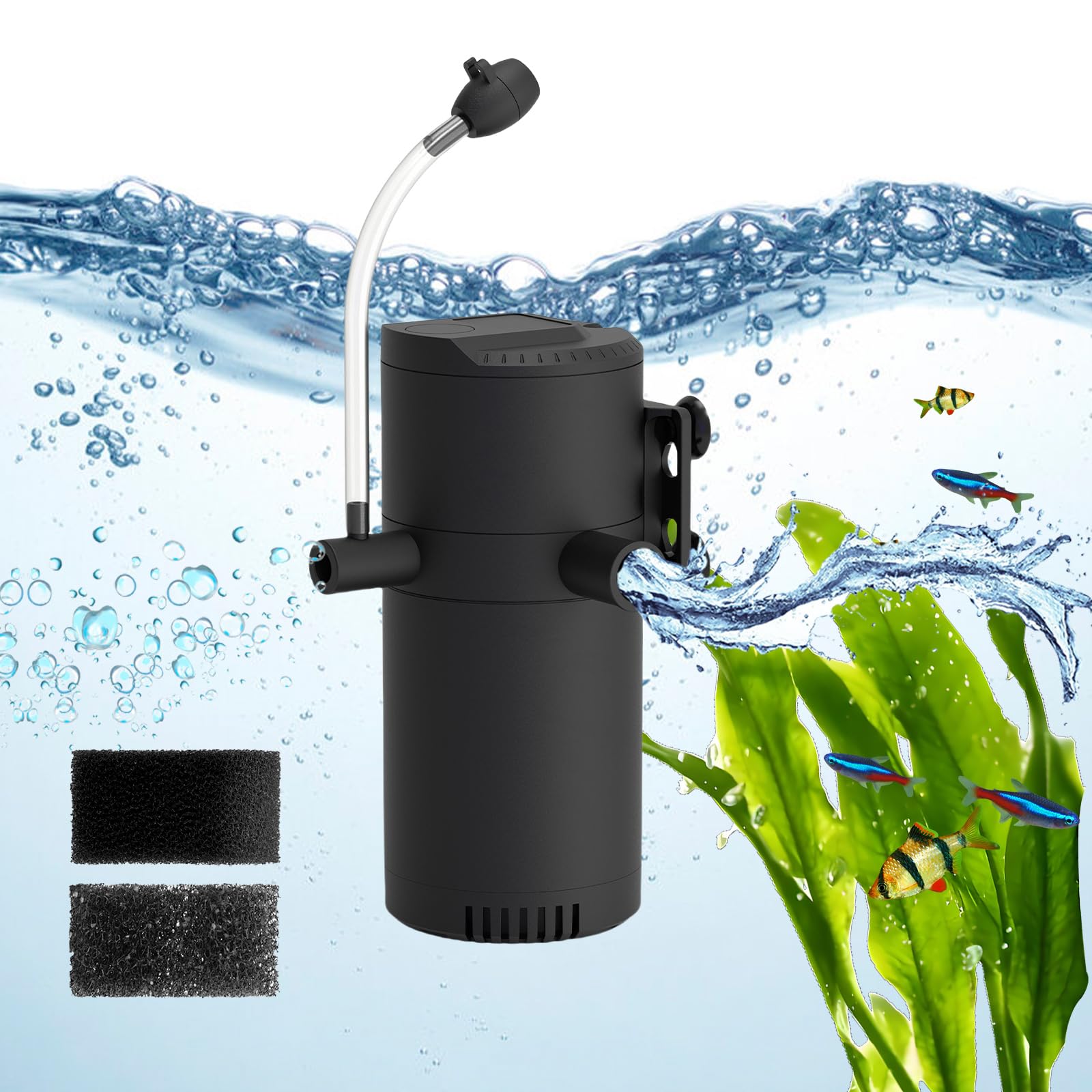 2-Stage Internal Aquarium Filter 135GPH - Turtle & Fish Tank Filter with Dual Water Outlet & Aeration - for 10-40 Gallon Tanks - Perfect for Freshwater Turtles, Goldfish, and Tropical Fish Habitats