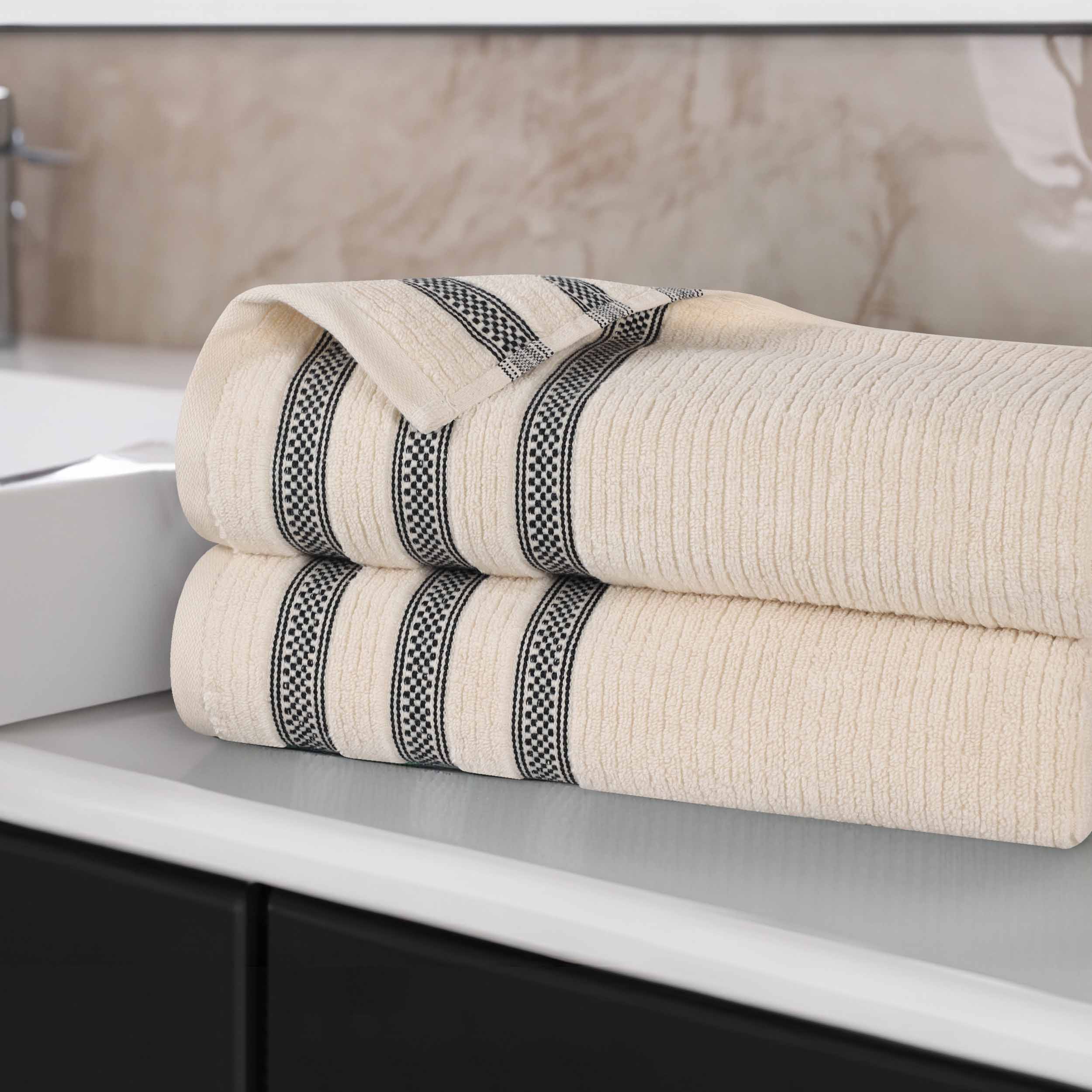 Premium Zero Twist Cotton Ribbed Geometric Border Plush Bath Sheet Set of 2 - Ultra Soft & Absorbent Luxury Towels for Spa, Bathroom & Beach Use