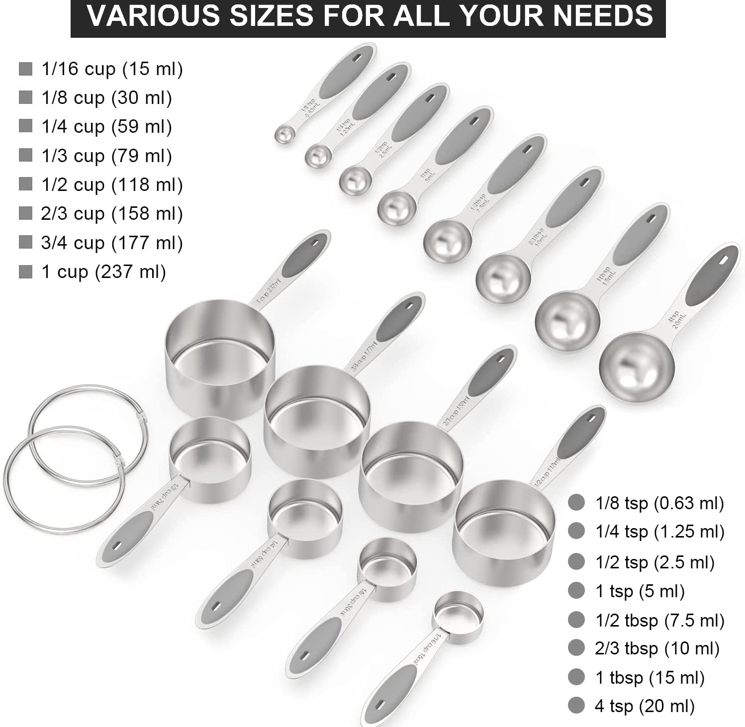 Wildone 16-Piece Stainless Steel Measuring Cups and Spoons Set with Gray Silicone Handle - 8 Nesting Cups & 8 Spoons for Dry & Liquid Ingredients - Perfect for Baking, Cooking, and Meal Prep