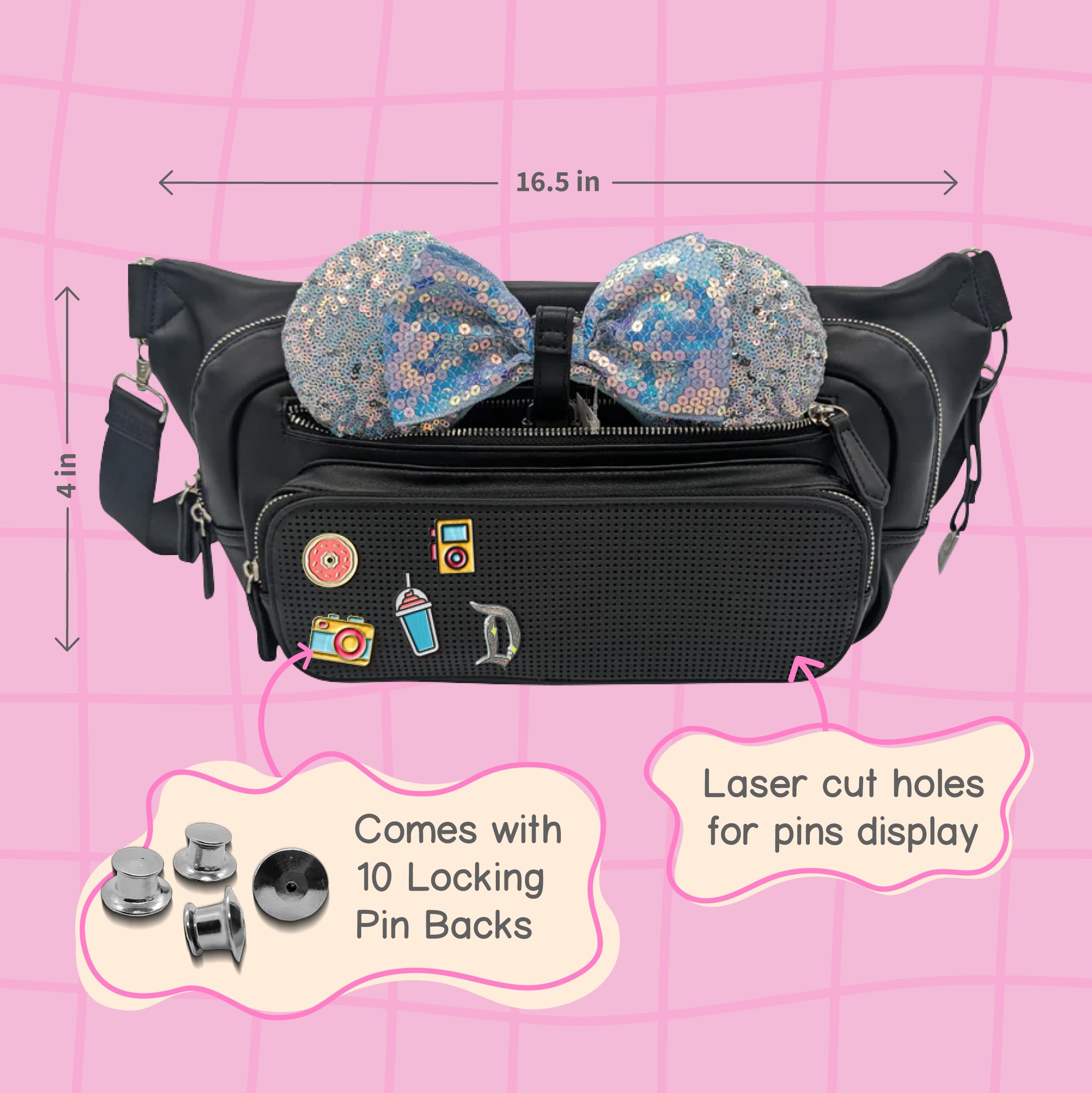 Designer Park Company - Women's Leather Crossbody Bag with Adjustable Strap & Locking Pins, Single Rider Belt Bag, Fanny Pack for Theme Parks, Travel Essentials - Midnight Black | Perfect for Amusement Parks, Concerts & Daily Commute