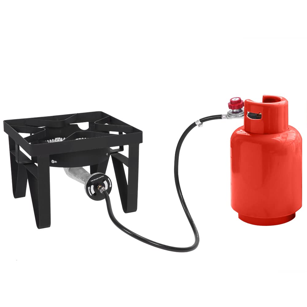 Heavy Duty 200,000 BTU/hr Propane Burner Stove with Adjustable 0-20 PSI Regulator & 4ft Hose - Outdoor Cooking, Turkey Frying, Home Brewing, Camping & Backyard BBQ - Commercial Grade Square Burner for High Heat Needs