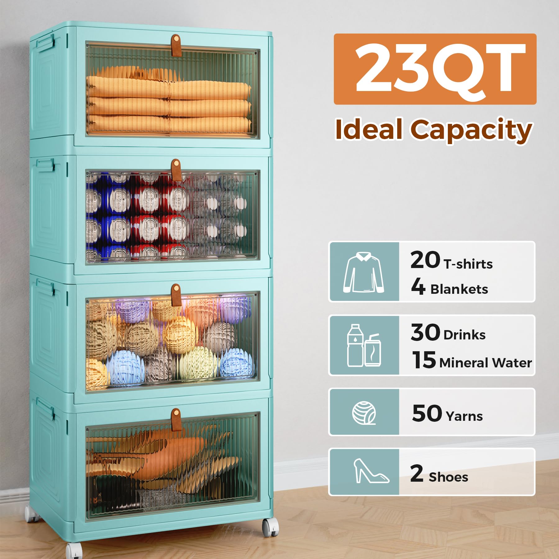 4-Tier Stackable Plastic Storage Bins with Lids & Wheels - 23 QT Foldable Organizing Containers for Closet, Pantry, Craft Room, Dorm & Home - Space-Saving Storage Solution for Clothes, Toys, Office Supplies & Seasonal Items
