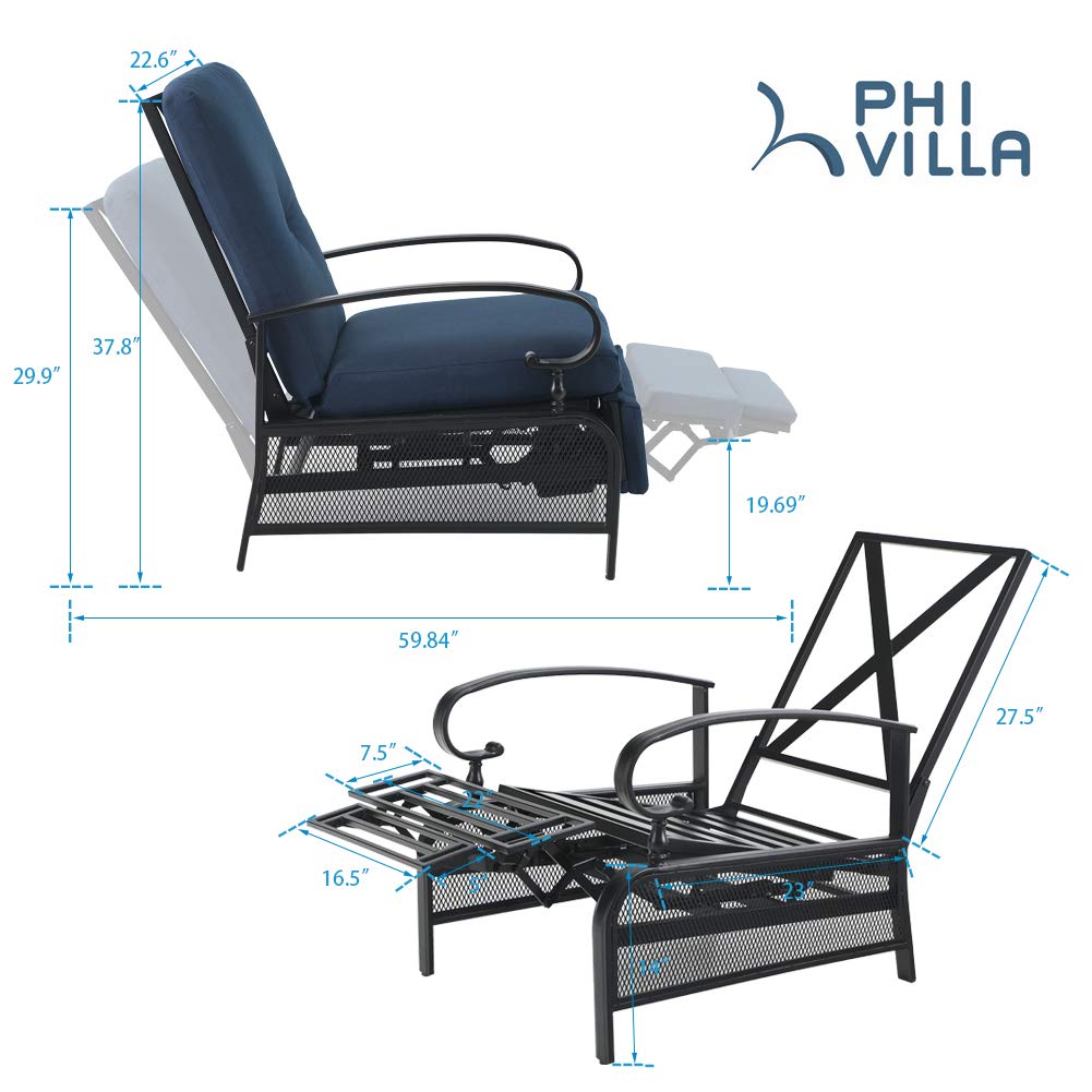 PHI VILLA Outdoor Recliner Chairs Set of 2 - Oversized Patio Lounge Chairs with Removable Blue Cushion, Zero Gravity Metal Chaise for Garden, Poolside, Deck - Perfect for Relaxing, Sunbathing and Outdoor Lounging