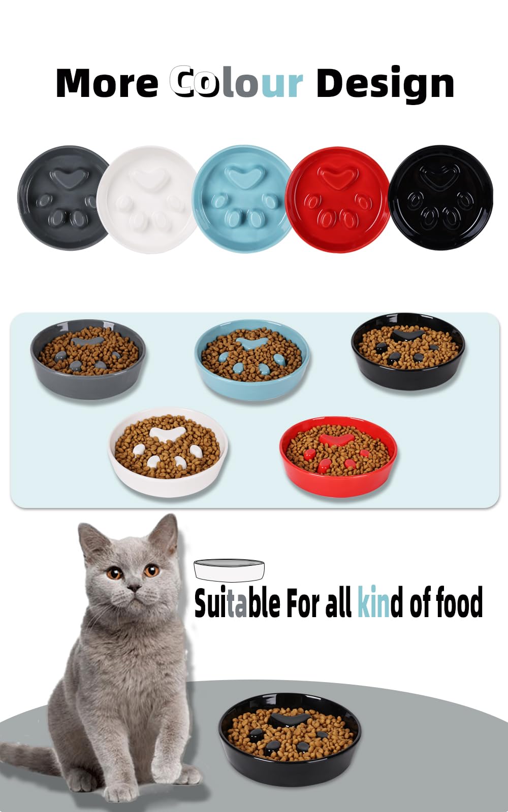 Ceramic Slow Feeder Cat Bowl - Fun & Interactive Pet Food Dish for Fast Eaters (Black) - Perfect for Portion Control & Mental Stimulation During Mealtime