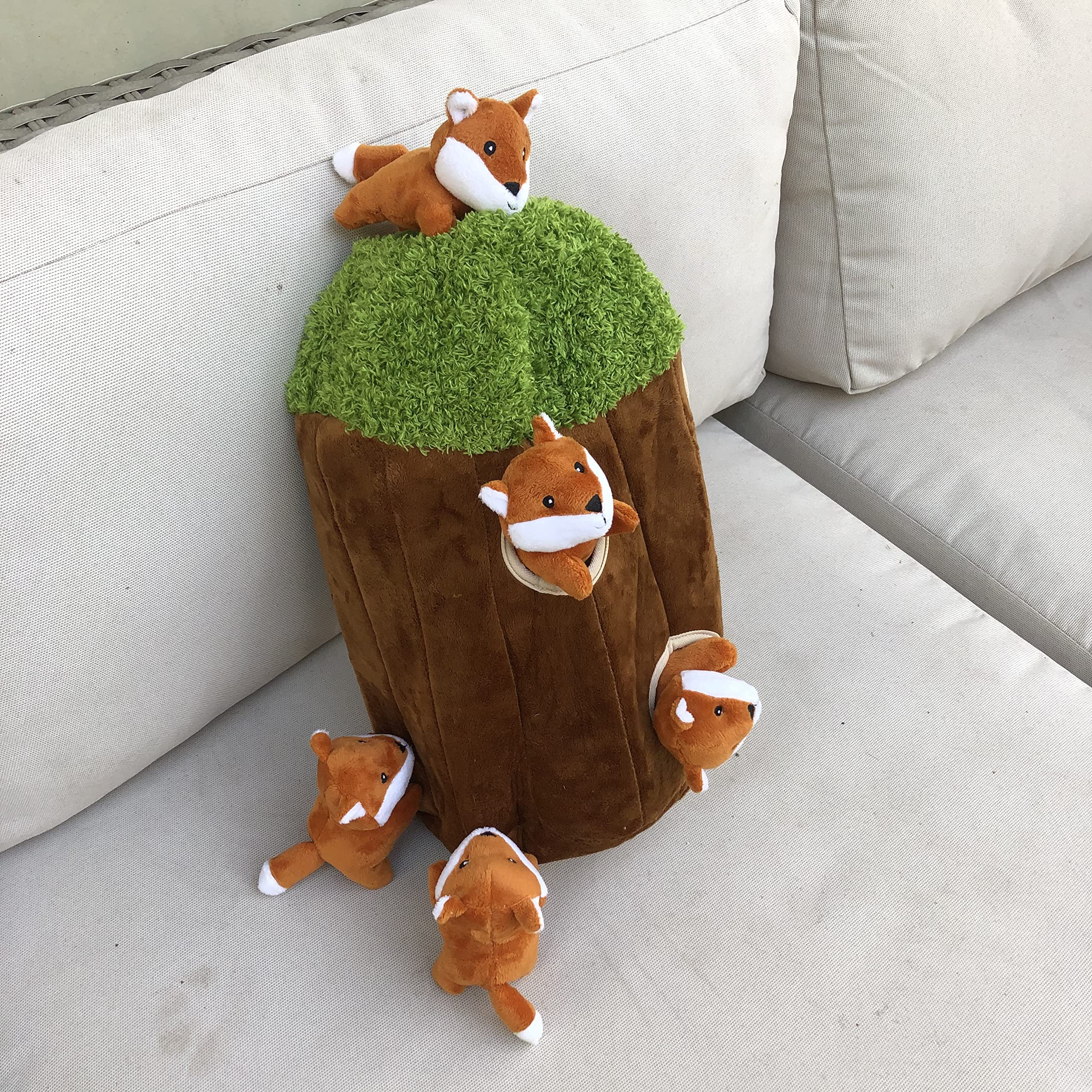 Interactive Plush Fox Hide and Seek Dog Toy with Squeaker - Fun Burrow Game for Small & Medium Dogs | Fox in Tree Trunk Design for Indoor Play & Training