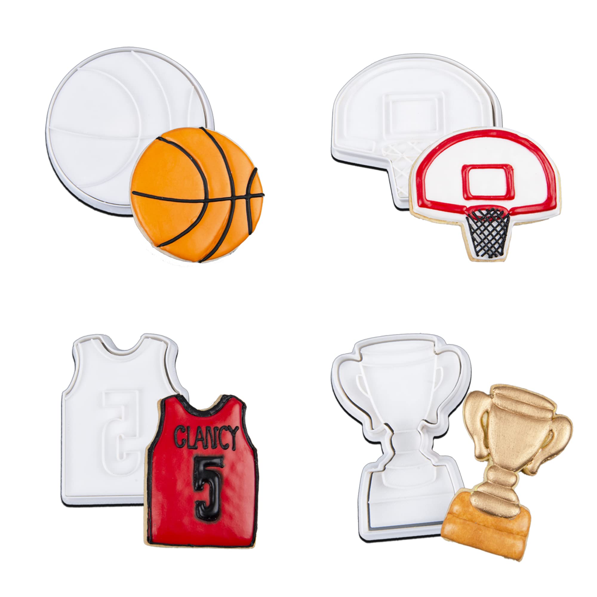 Mostop 4-Piece Basketball Cookie Cutter Set with Stampers - Basketball, Hoop, Jersey & Trophy Cup Shapes - Perfect for Cake Decorating, Birthday Parties & Sports-Themed Favors | Ideal for DIY Baking, Game Day Treats & Team Celebrations