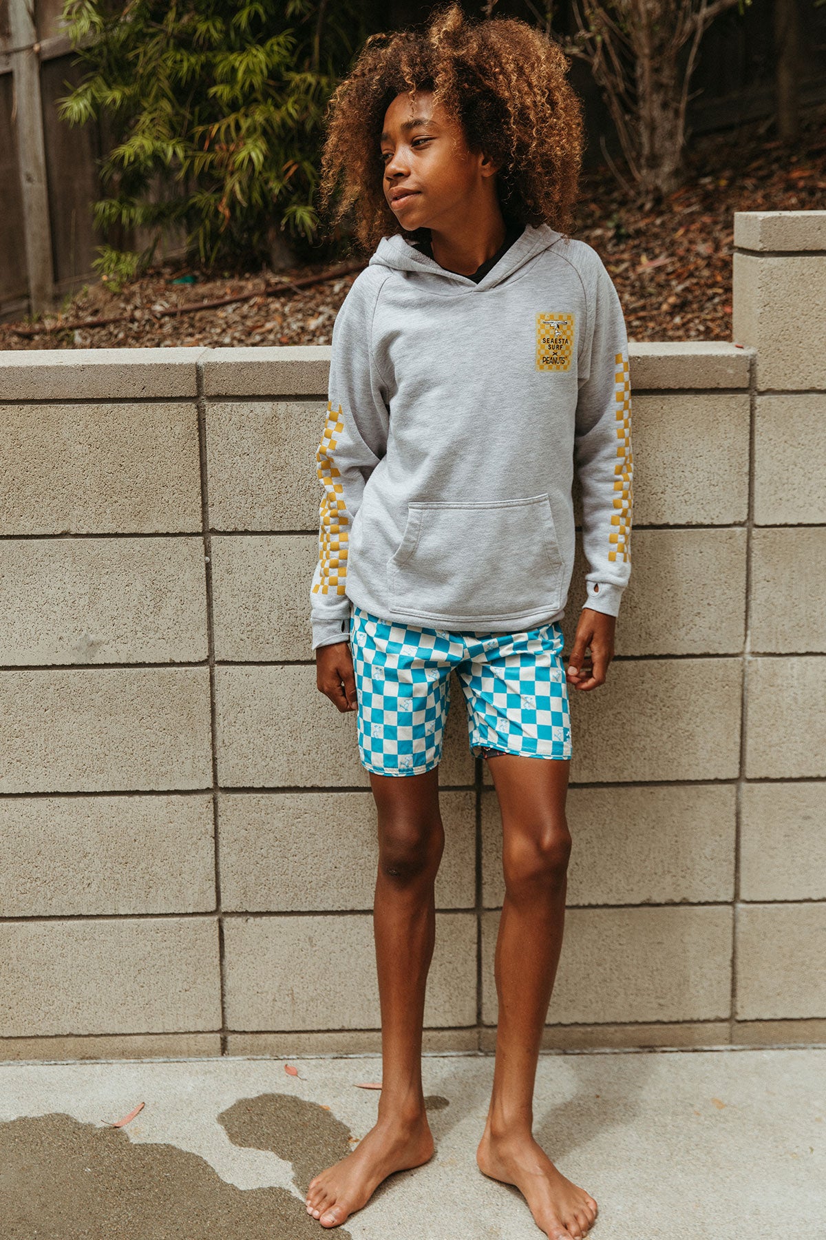 Seaesta Surf x Peanuts® Turquoise Checkerboard Swim Trunks for Men - Quick Dry Beach Shorts with Pockets - Perfect for Surfing, Swimming & Summer Vacations