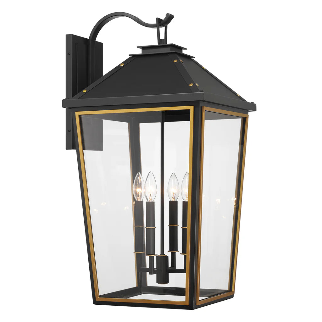 Hawkins 4-Light Outdoor Wall Sconce - 15x29.75 Inch Stainless Steel & Glass Matte Black Fixture with Textured Gold Finish - 120V E12 Candelabra Base LED Bulb Sockets - Perfect for Patio Lighting, Garden Decor, and Exterior Wall Illumination