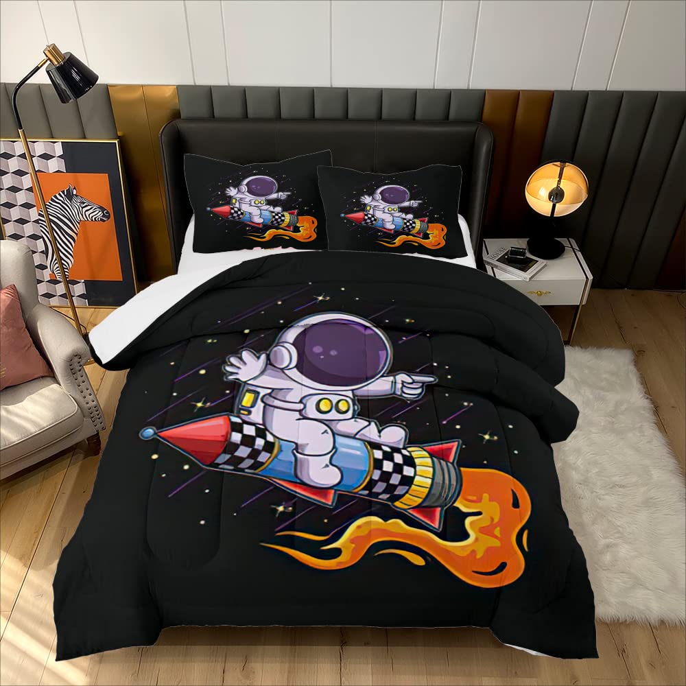 Cartoon Astronaut Full Size Comforter Set - 3 Piece Bedding with Rocket Design | Soft Cotton Lightweight All-Season Duvet Cover & 2 Pillowcases | Perfect for Kids Room, Space Themed Bedroom & Gift for Astronomy Lovers