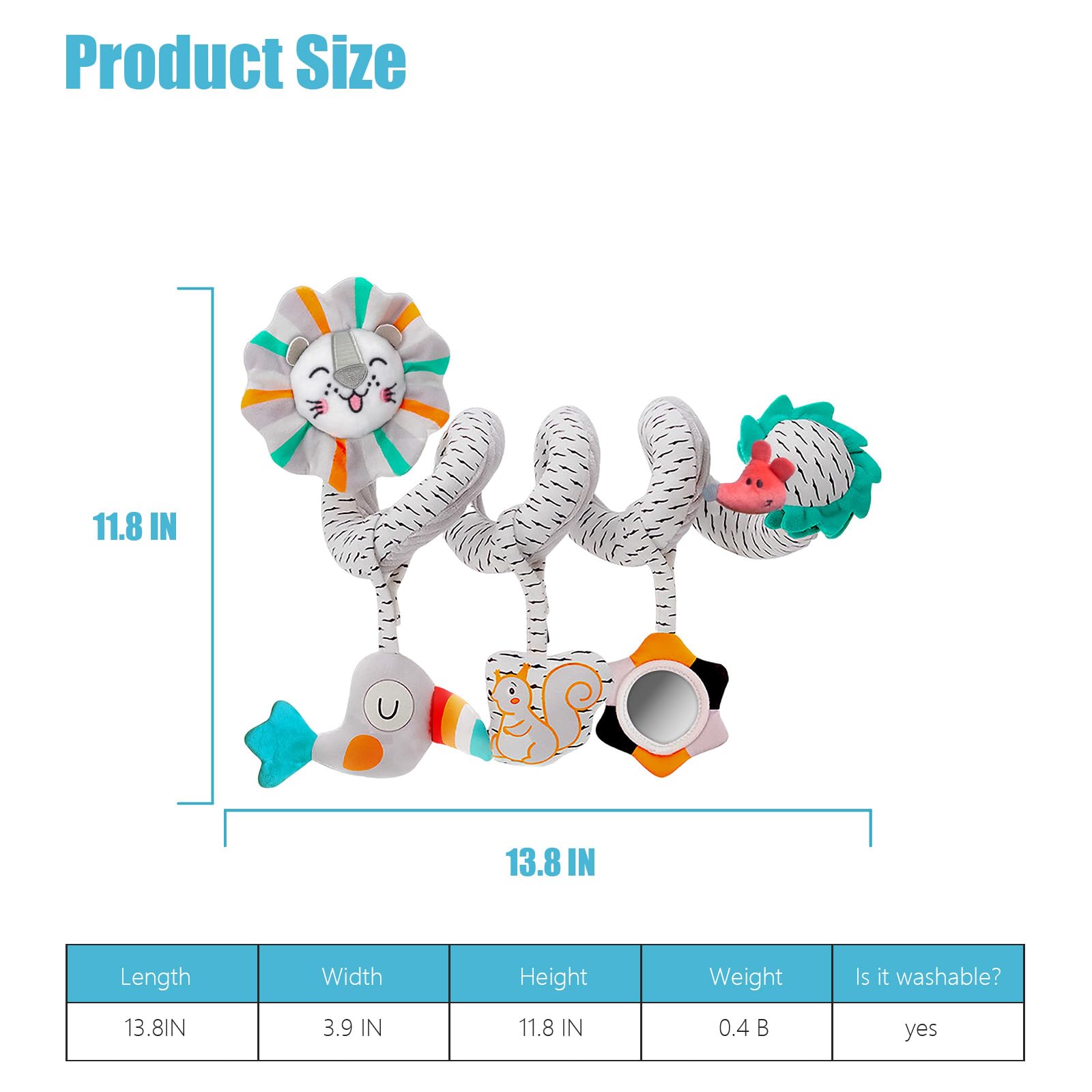 Frilida Baby Car Seat & Stroller Activity Toys for Newborns 0-6 Months - Lion Spiral Hanging Plush Toy with Mirror, Crinkle & Squeaky Sounds | Perfect for Infants Boys & Girls to Stimulate Development During Car Rides, Walks and Playtime