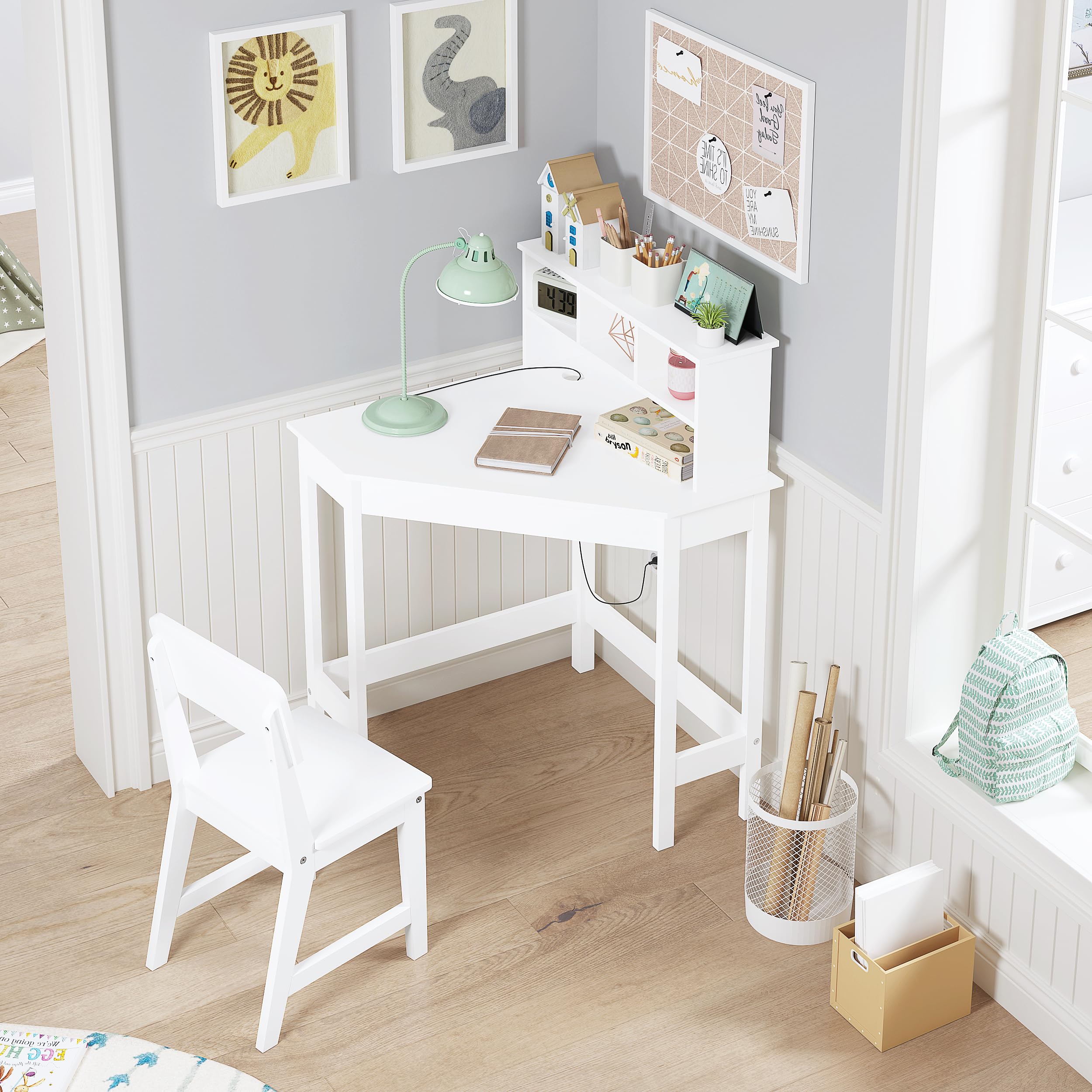 UTEX Kids Study Desk and Chair Set with Storage Hutch - White Corner Desk for Children's Room, Homeschooling & Learning Activities