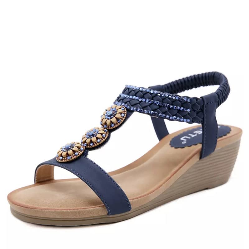 **EastMetal Women's Gladiator Sandals - Rhinestone Wave Design, Breathable Wooden Sole, Summer Casual Shoes (Blue, Size 11) | Perfect for Beach, Vacation, and Daily Wear**