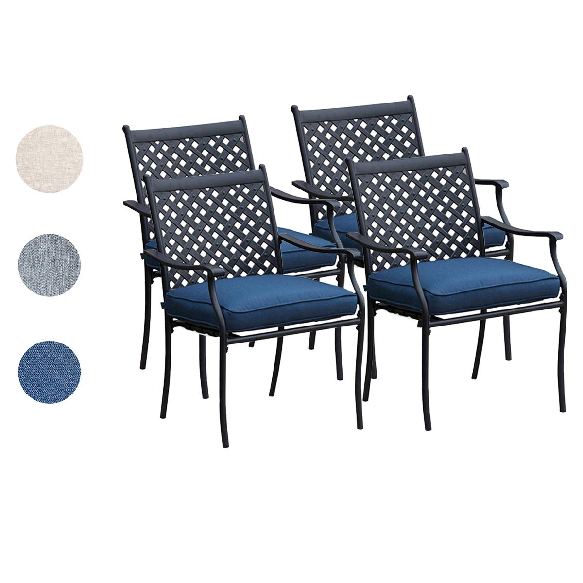 4-Piece Metal Outdoor Wrought Iron Patio Dining Chairs Set with Arms & Cushions (Blue) - Durable Garden, Poolside & Backyard Seating Furniture for Relaxing & Entertaining