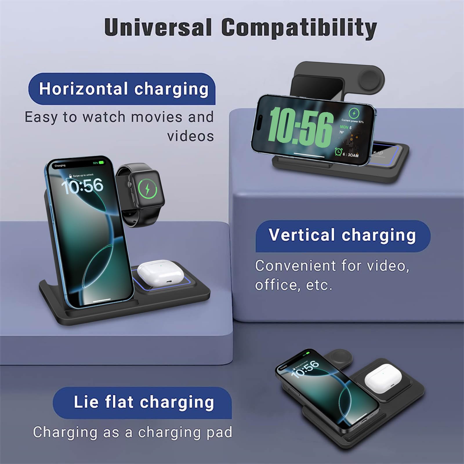 3-in-1 Wireless Charging Station Stand - 15W Fast Charger for iPhone 16/15/14/13/12/11 Pro Max, XS/XR/8 Plus, AirPods & Apple Watch Series 10-3/Ultra 2 | Multi-Device Charging Dock for Home, Office & Nightstand Use