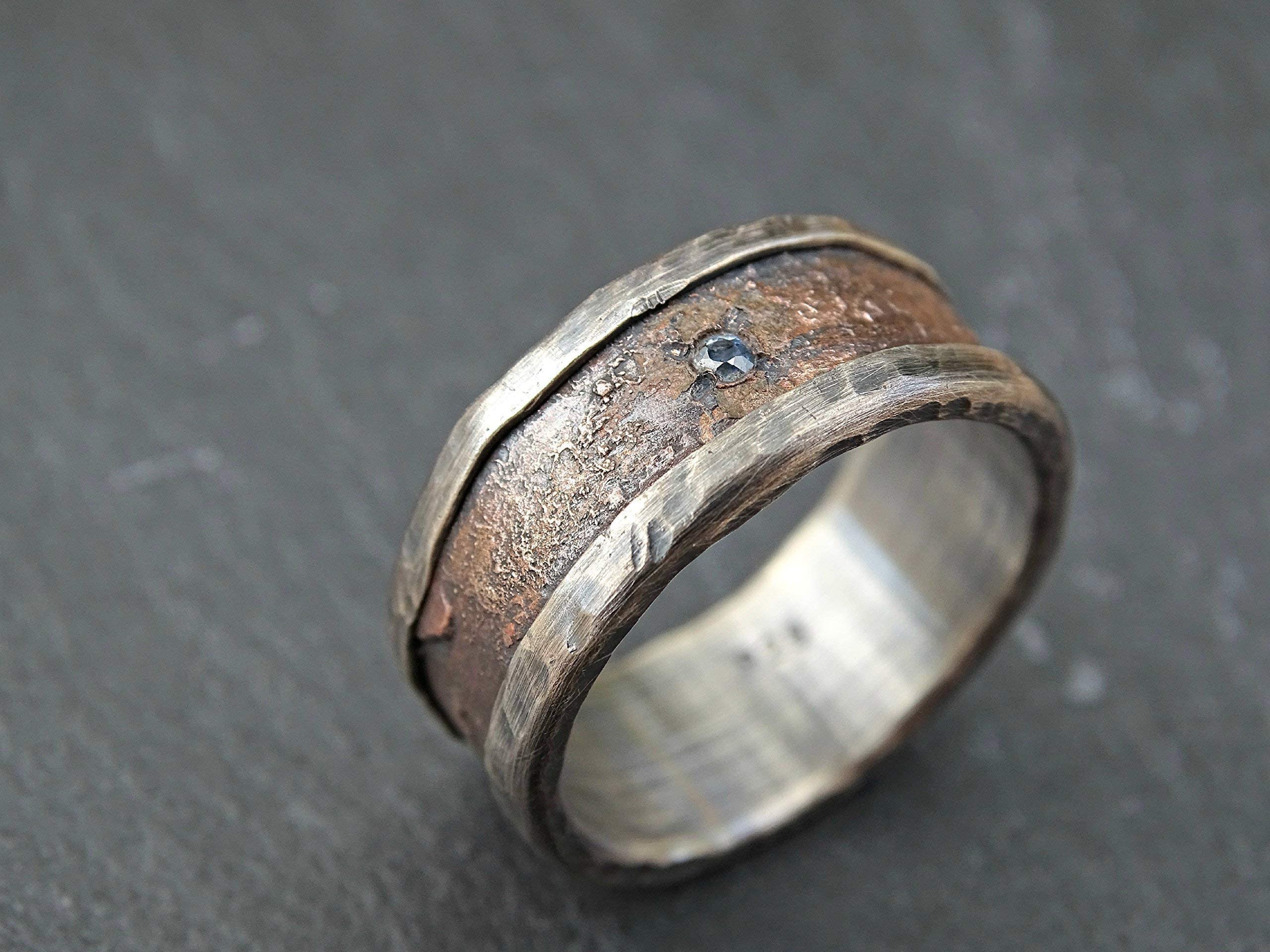 Unique Silver Bronze Men's Ring - Personalized Raw Gemstone Engagement & Wedding Band - Rustic Big Size Birthstone Ring for Men - Perfect for Gifts, Proposals, and Everyday Wear