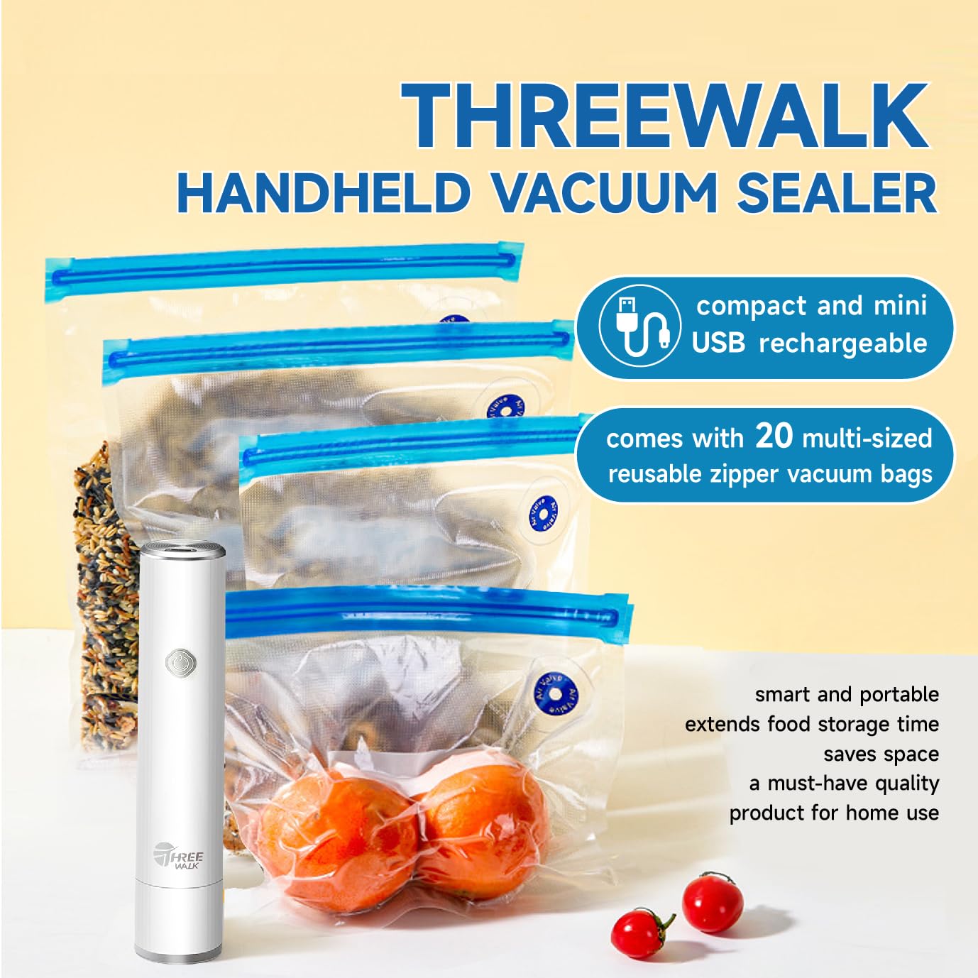 Powerful Handheld Vacuum Sealer Machine - Electric Food Sealer with 20 Reusable Sous Vide Bags | USB Rechargeable | Compatible with Anova & Joule | Perfect for Meal Prep, Food Storage & Vacuum Packing