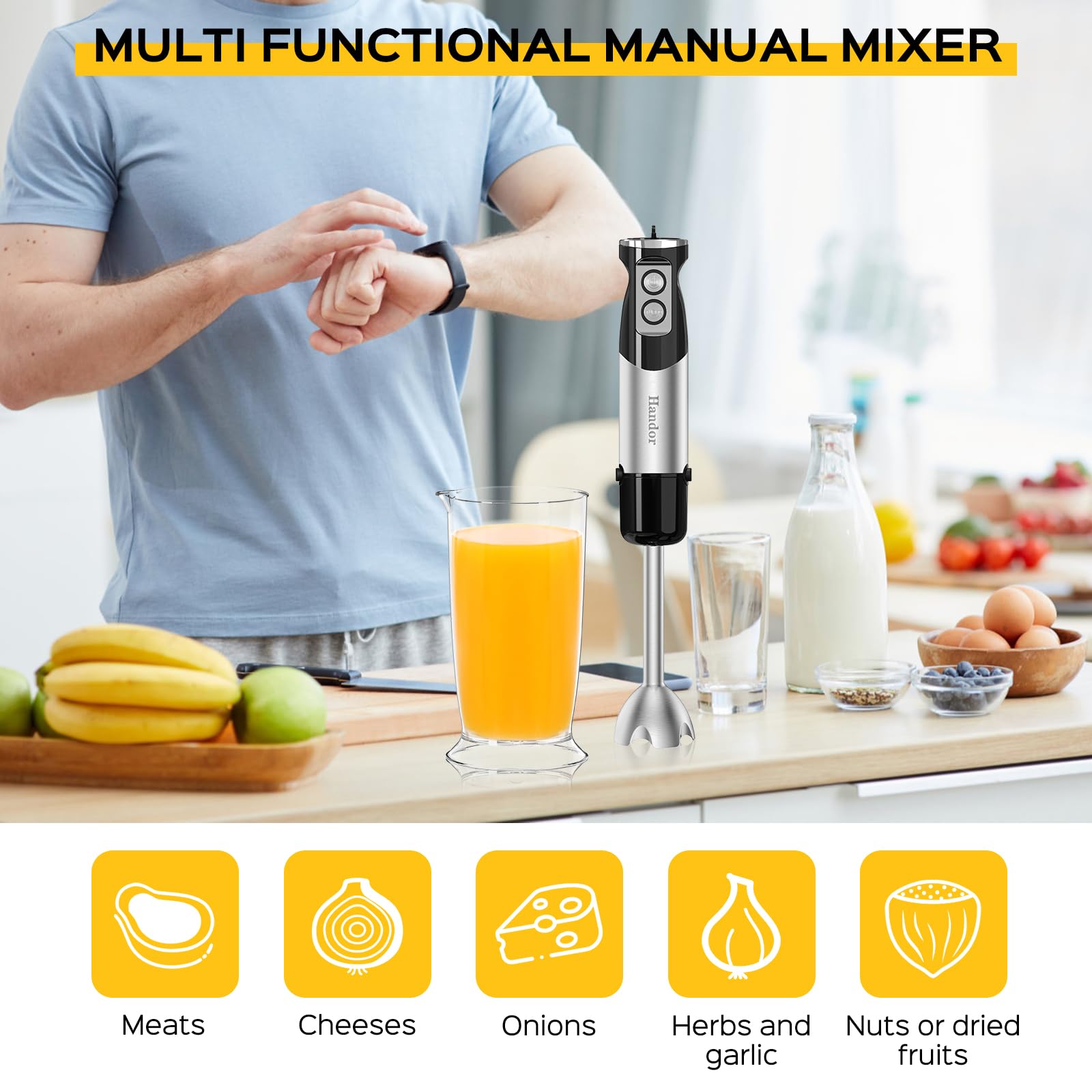 1000W 6-in-1 Immersion Blender Handheld - 12 Speed Electric Hand Blender with 600ml Mixing Beaker, 500ml Food Chopper & 304 Stainless Steel Blades - Includes Whisk & Milk Frother - Perfect for Making Soup, Smoothie, Sauce, Baby Food, Milkshakes & More - Ideal for Kitchen, Home Cooking & Meal Prep