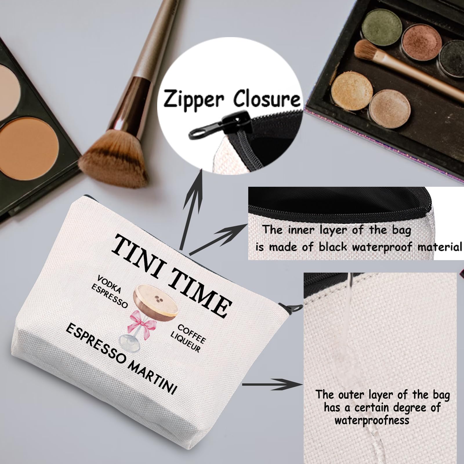 TSOTMO Espresso Martini Makeup Bag - Cocktail Lovers Gift, Zipper Pouch for Cosmetics & Accessories - Perfect for Travel, Parties & Night Out Essentials
