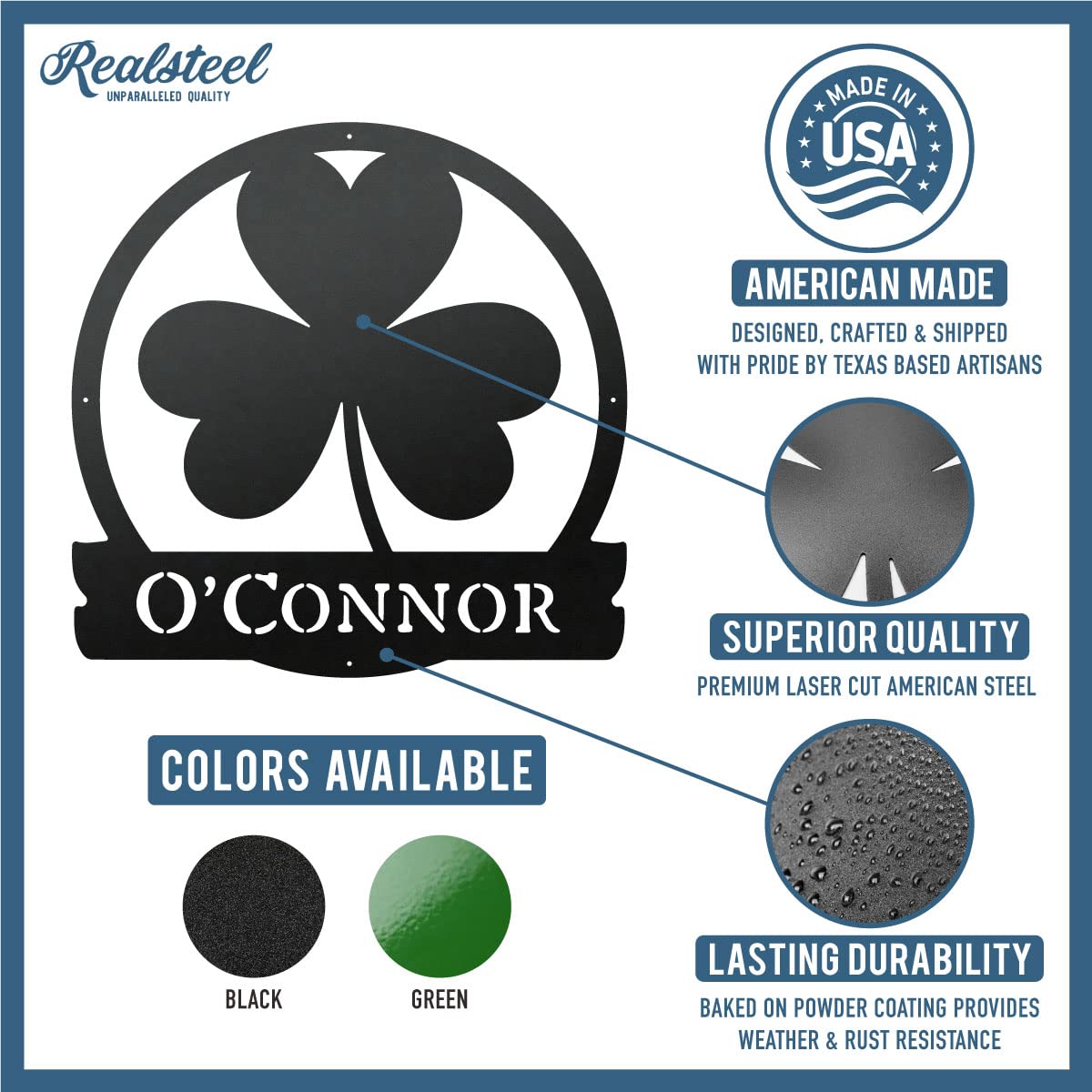 RealSteel Shamrock Monogram - Custom Irish Clover Wall Decor for St Patrick's Day - Personalized Home Decoration for Living Room, Bedroom, Kitchen & Entryway - 36 Inch Black Metal Sign - Perfect for Irish-Themed Parties & Holiday Home Decor