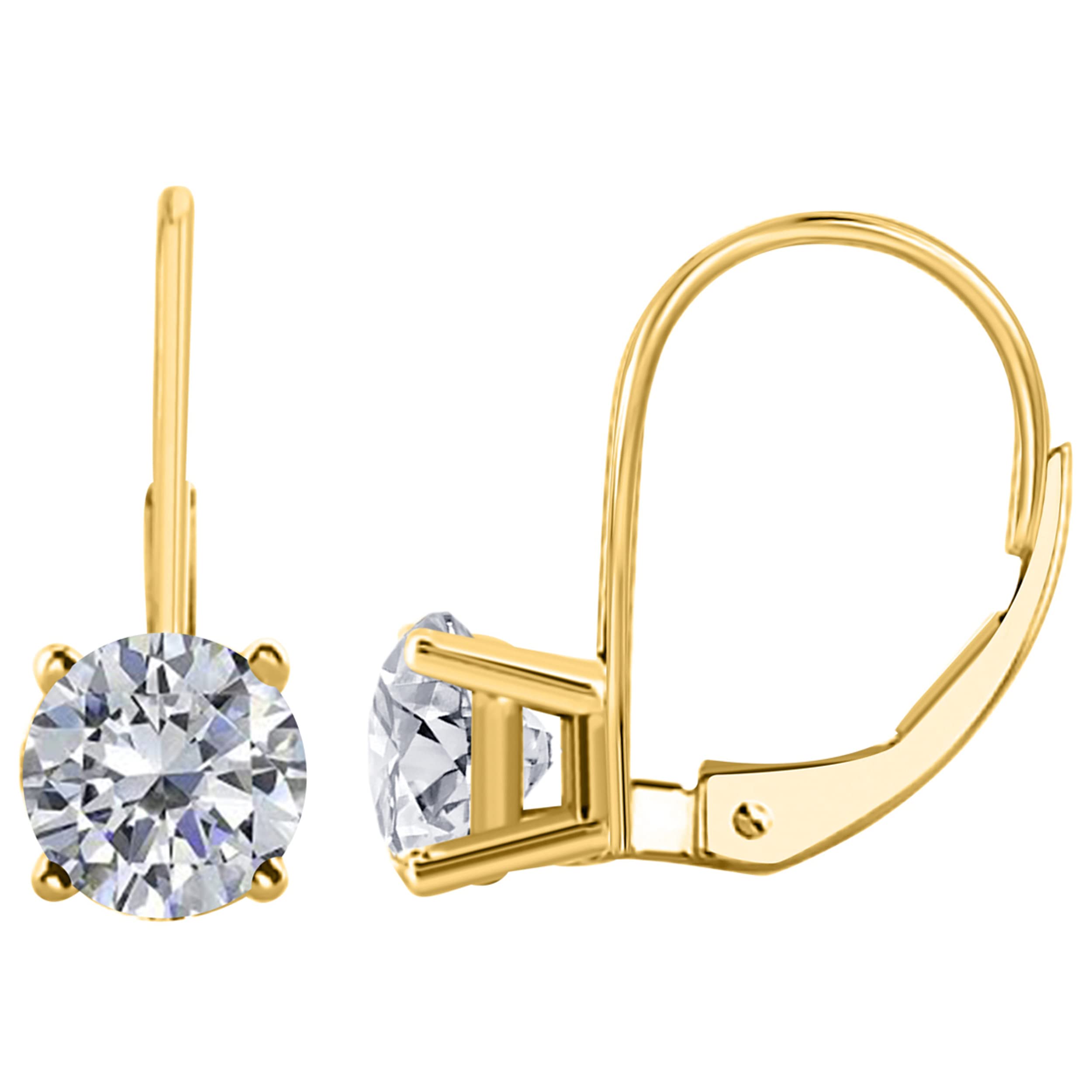 14K Yellow Gold White Diamond Leverback Earrings for Women | 0.20 Carat Round Cut 2 Stone Prong Setting | Perfect for Weddings, Parties & Special Occasions