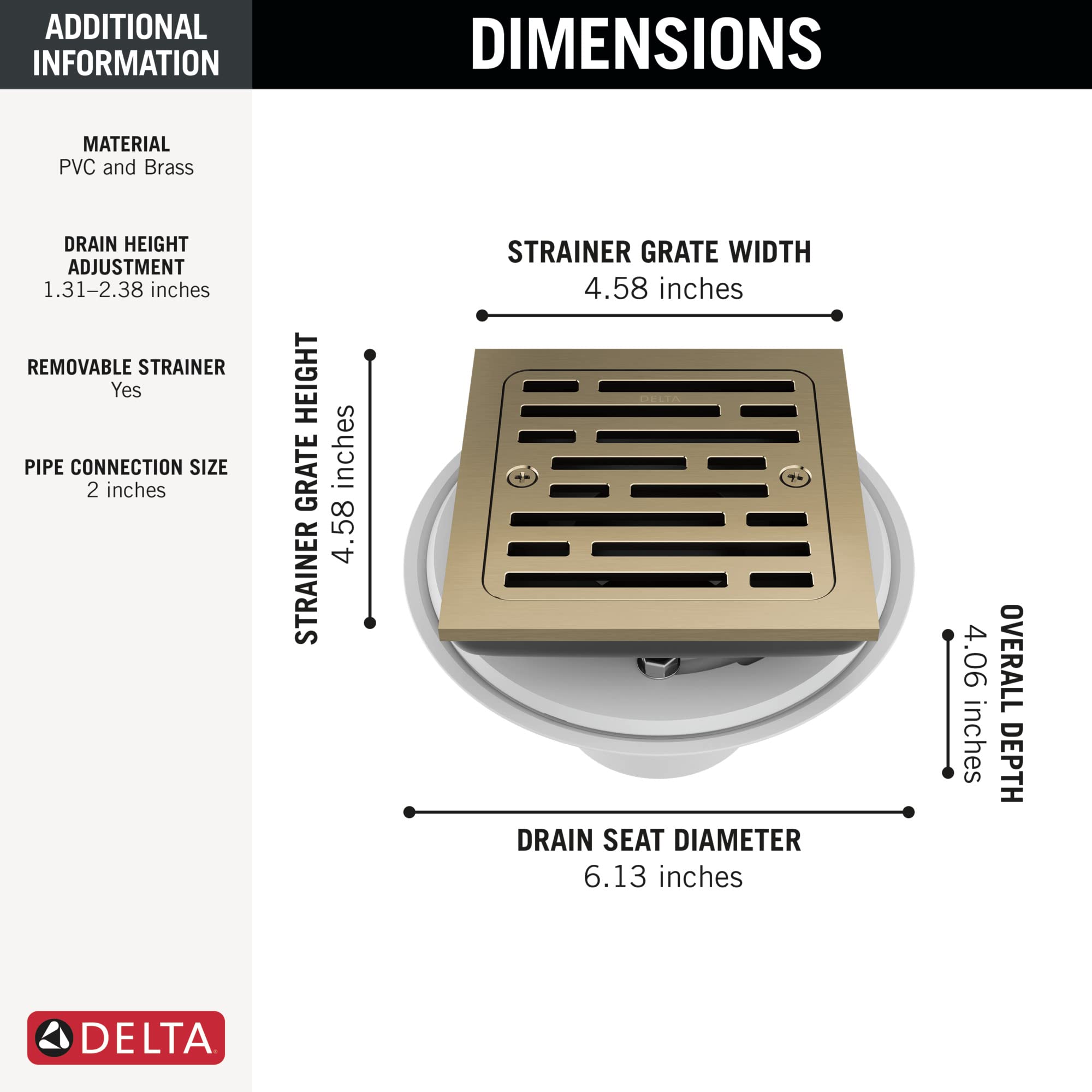 Delta 4 Inch Square Shower Floor Drain Kit in Champagne Gold - Tile-In Shower Drain with Strainer for Bathroom & Shower Remodel - DT062412-CZ