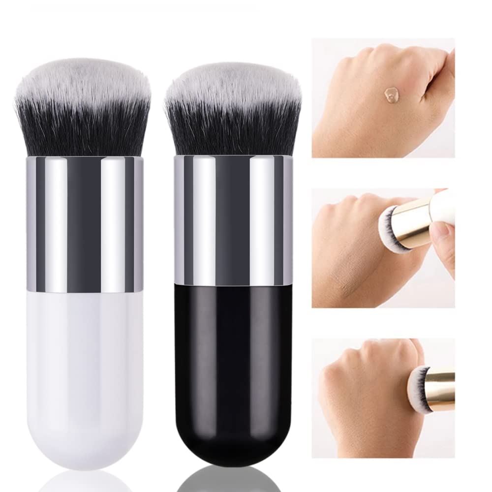 2 Pack Flat Top Makeup Brushes - Foundation, Blush & Powder - Flawless Finish for Travel & Daily Use