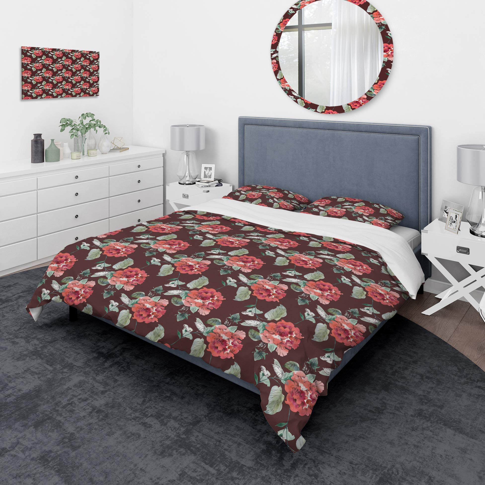 DesignQ Red Rose Floral Duvet Cover Set King Size - 3 Piece Nautical Coastal Bedding with Brown Background | Soft Pink All-Season Comforter Cover | Perfect for Beach House, Master Bedroom & Guest Room Decor