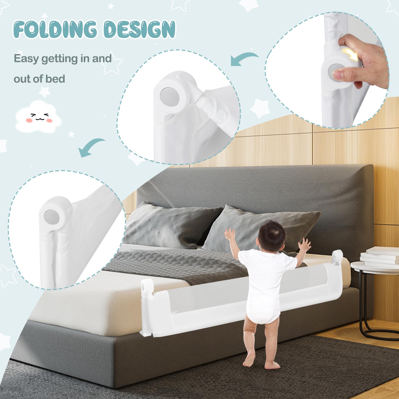 BABY JOY Double Sided Bed Rail Guard - 2 Pack Extra Long Swing Down Convertible Crib Safety Rail for Toddlers | Folding Bed Rail for Twin Full Queen King Mattress (White 60