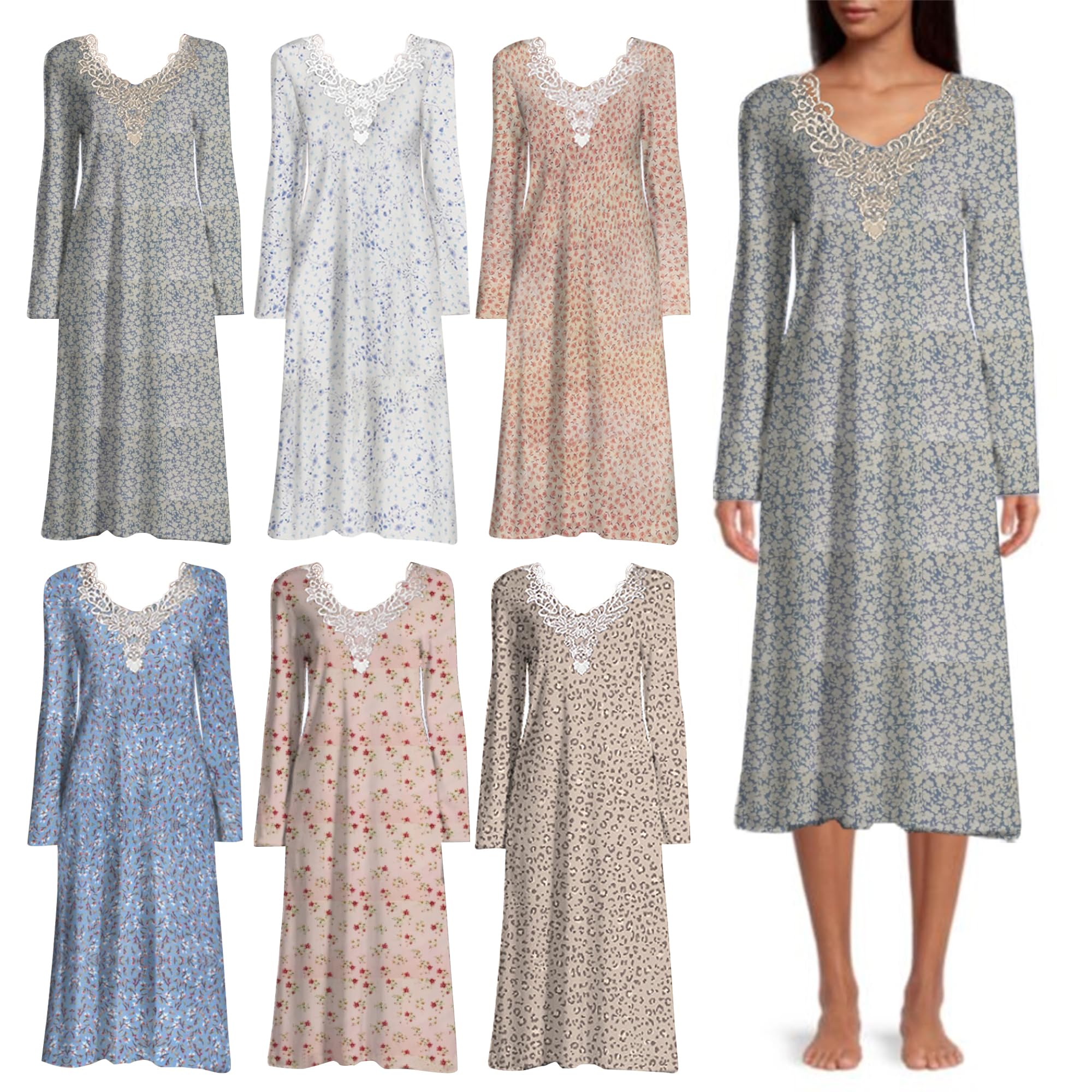 6-Pack Women's Open Back Nightgowns - Long Sleeve Floral Print Lace Hospital Gowns for Bedridden Patients - Comfortable Hospice & Post-Surgery Nightwear for Elderly Care & Home Recovery