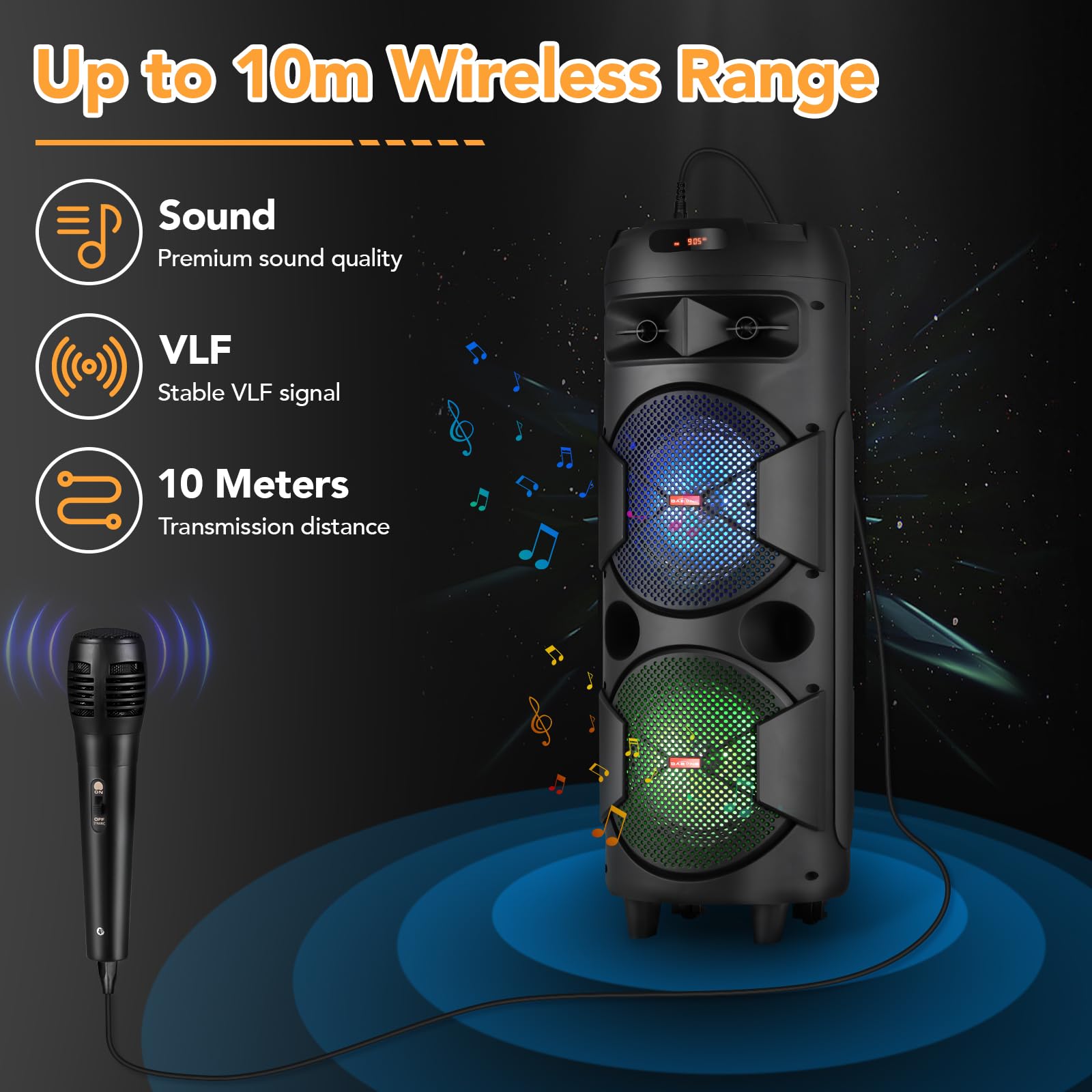 TWS Karaoke PA System with Wired Microphone & Wireless Bluetooth Speaker - Portable Dual 8'' DJ Speaker with Remote, FM Radio & Party Lights for Home Karaoke, Outdoor Events, and Live Performances