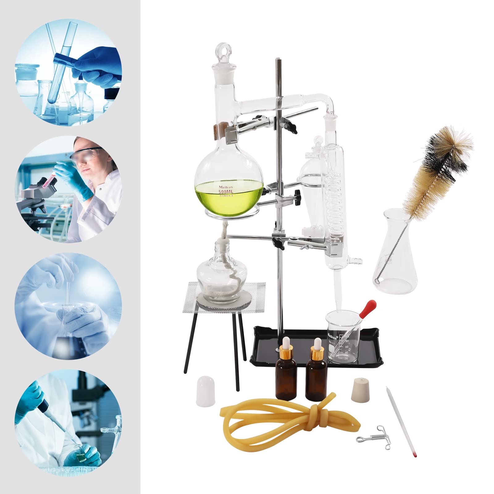 500ml Lab Glassware Distillation Kit - Steam Water & Alcohol Distiller, Organic Chemistry Purifier Equipment for Home & Lab Use | Perfect for Essential Oil Extraction, Chemistry Experiments & DIY Distilling