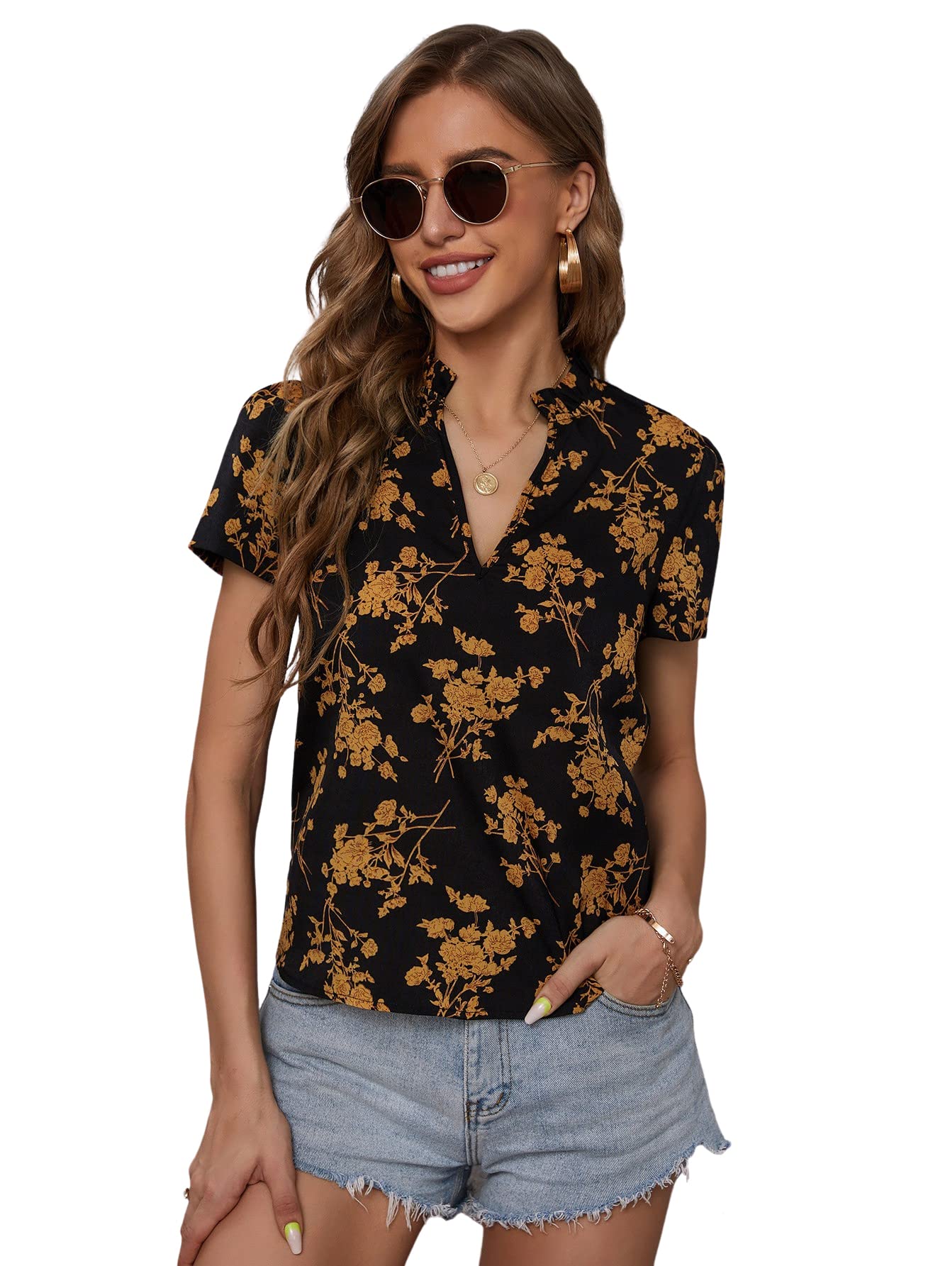 Stylish Women's Elegant Notch V-Neck Blouse - Office Work Shirt & Summer Casual Top | Perfect for Business Attire, Professional Meetings & Everyday Wear
