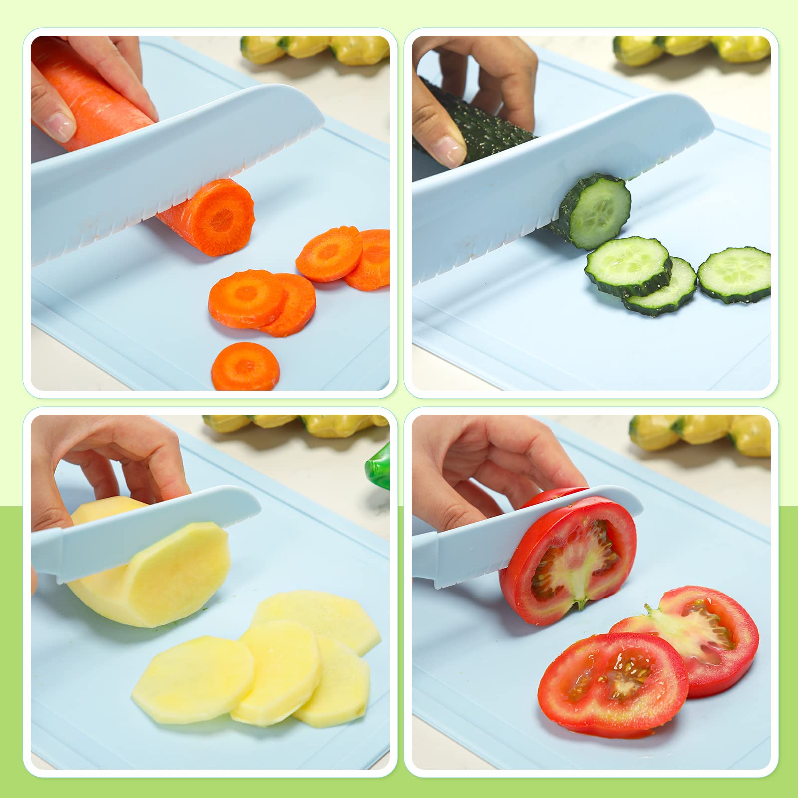 BPA-Free Kids Cooking Knife Set with Plastic Knives, Cutting Board, Plate & Fork - Safe Toddler Knives for Real Cooking - Perfect for Meal Prep, Snack Time & Learning Kitchen Skills (Blue)