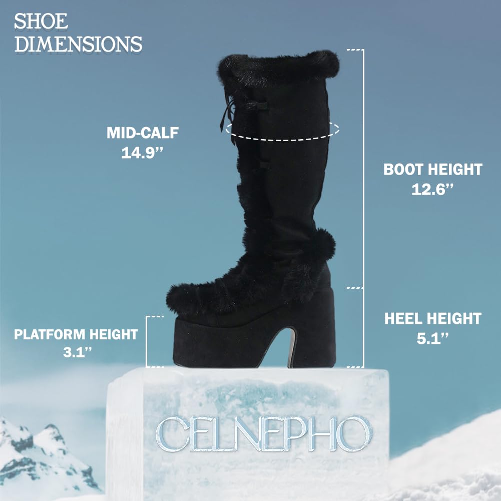 CELNEPHO Women's Knee High Boots with Side Zipper - Warm Faux Fur Lined Platform Chunky Heel Punk Goth Boots for Winter Snow Walking | Perfect for Cold Weather, Outdoor Activities & Fashion Streetwear