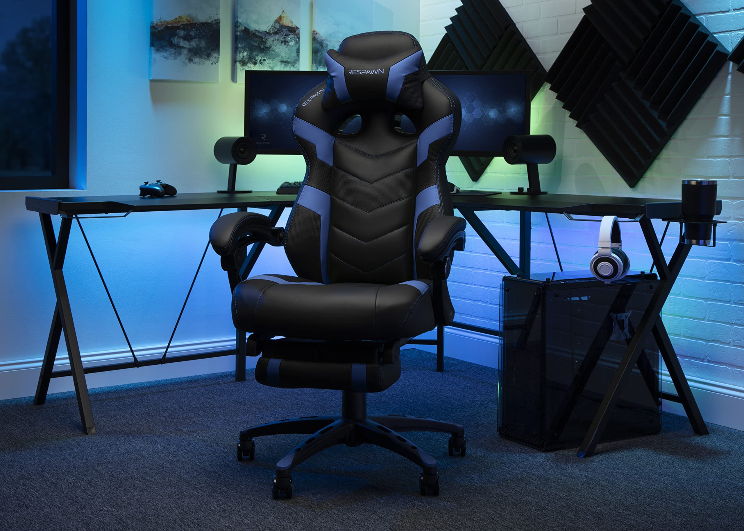 RESPAWN 110 Ergonomic Gaming Chair with Footrest - Racing Style High Back Office Chair with 360 Swivel, Adjustable Lumbar Support & Headrest Pillow - Perfect for PC Gaming, Home Office & Streaming Setup (2021 Blue)