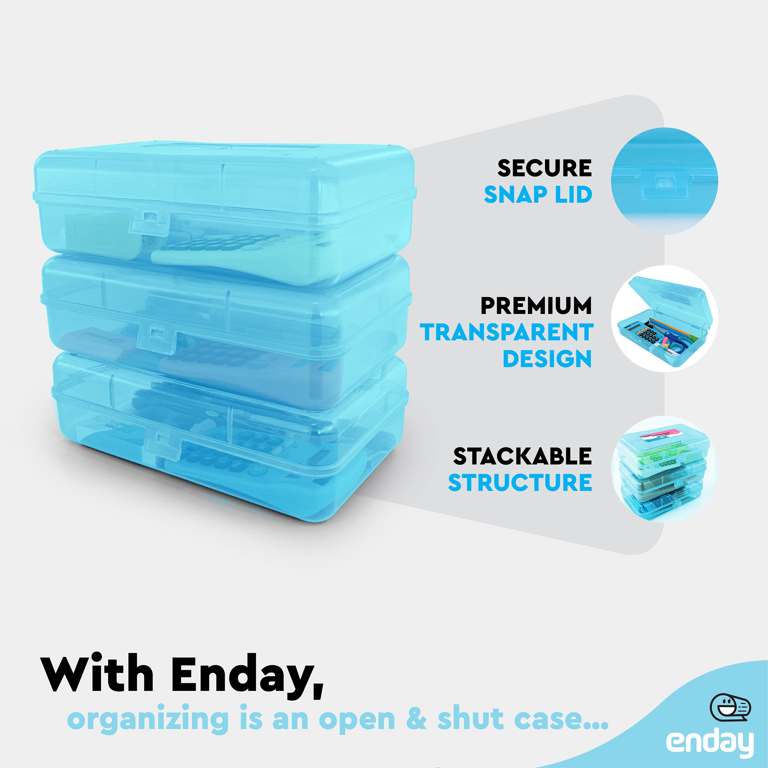 Enday Plastic Pencil Box Case - Multipurpose Storage Organizer for School & Office Supplies - Large Capacity Snap Lid Utility Box - Available in Blue, Purple, Pink, Red, Green, Grey (24 Pack) - Perfect for Students, Teachers & Office Organization