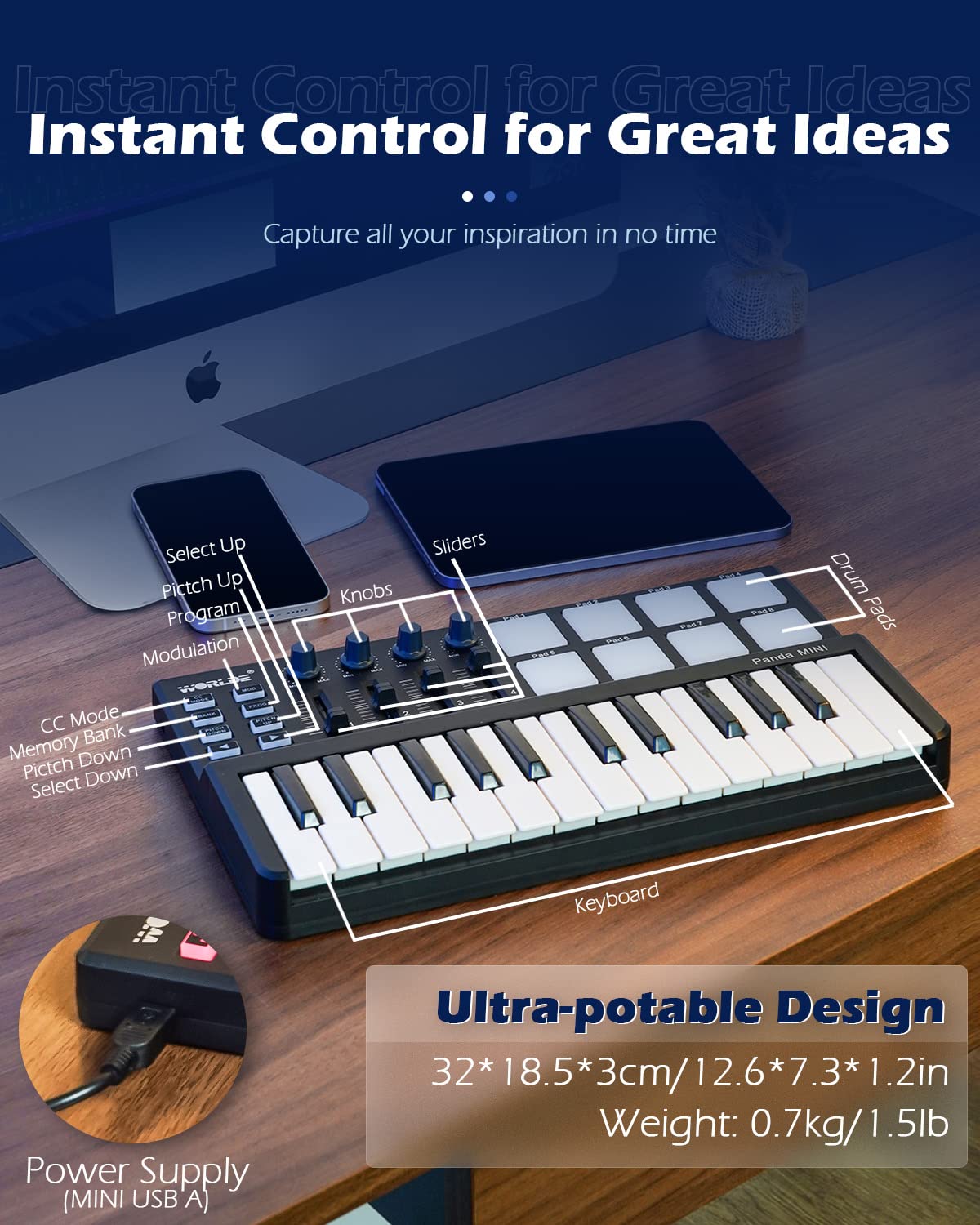 Vangoa 25-Key MIDI Keyboard Controller with Drum Pads - USB Portable Beat Maker Machine for Music Production | Perfect for Home Studio, DJing & Live Performances (Black)